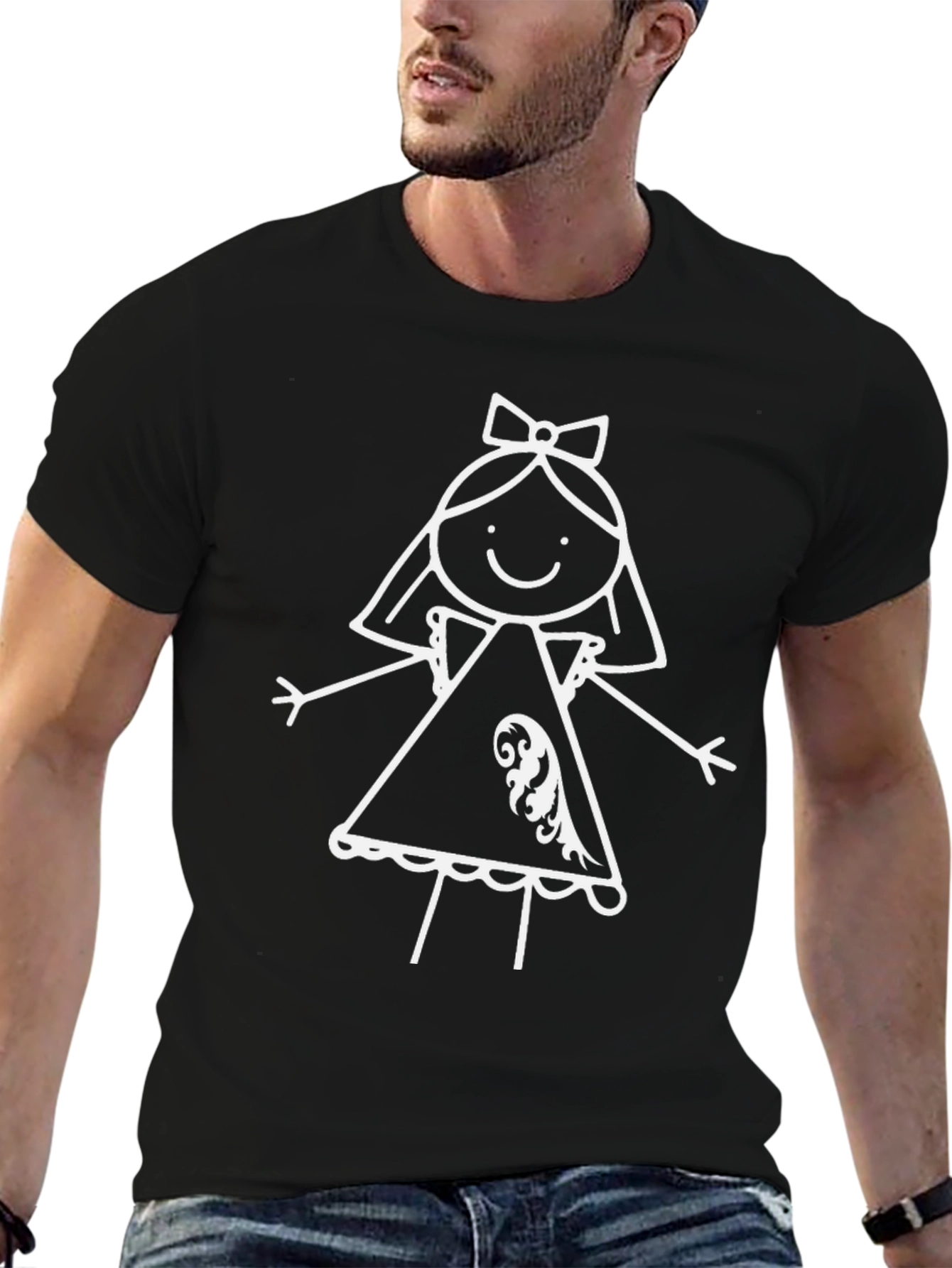 Whimsical Girls Drawing T-Shirt - Black Cotton Tee