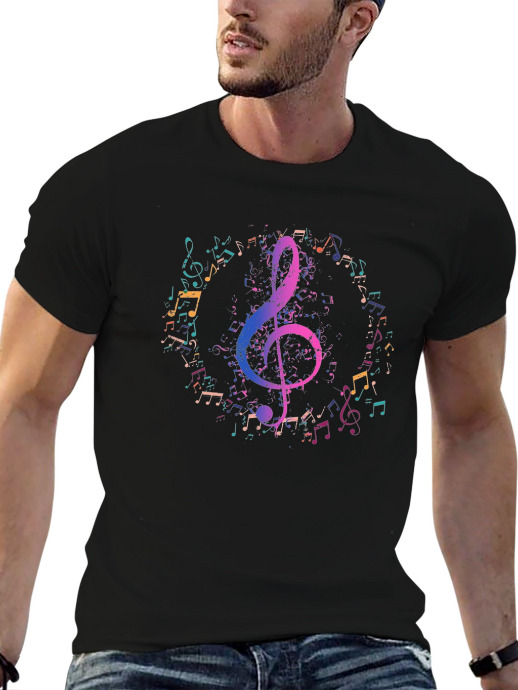 Music Notes Graphic Tee - Black Cotton T-Shirt