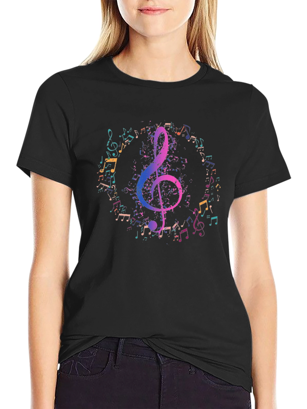 Music Notes Graphic Tee - Black Cotton T-Shirt