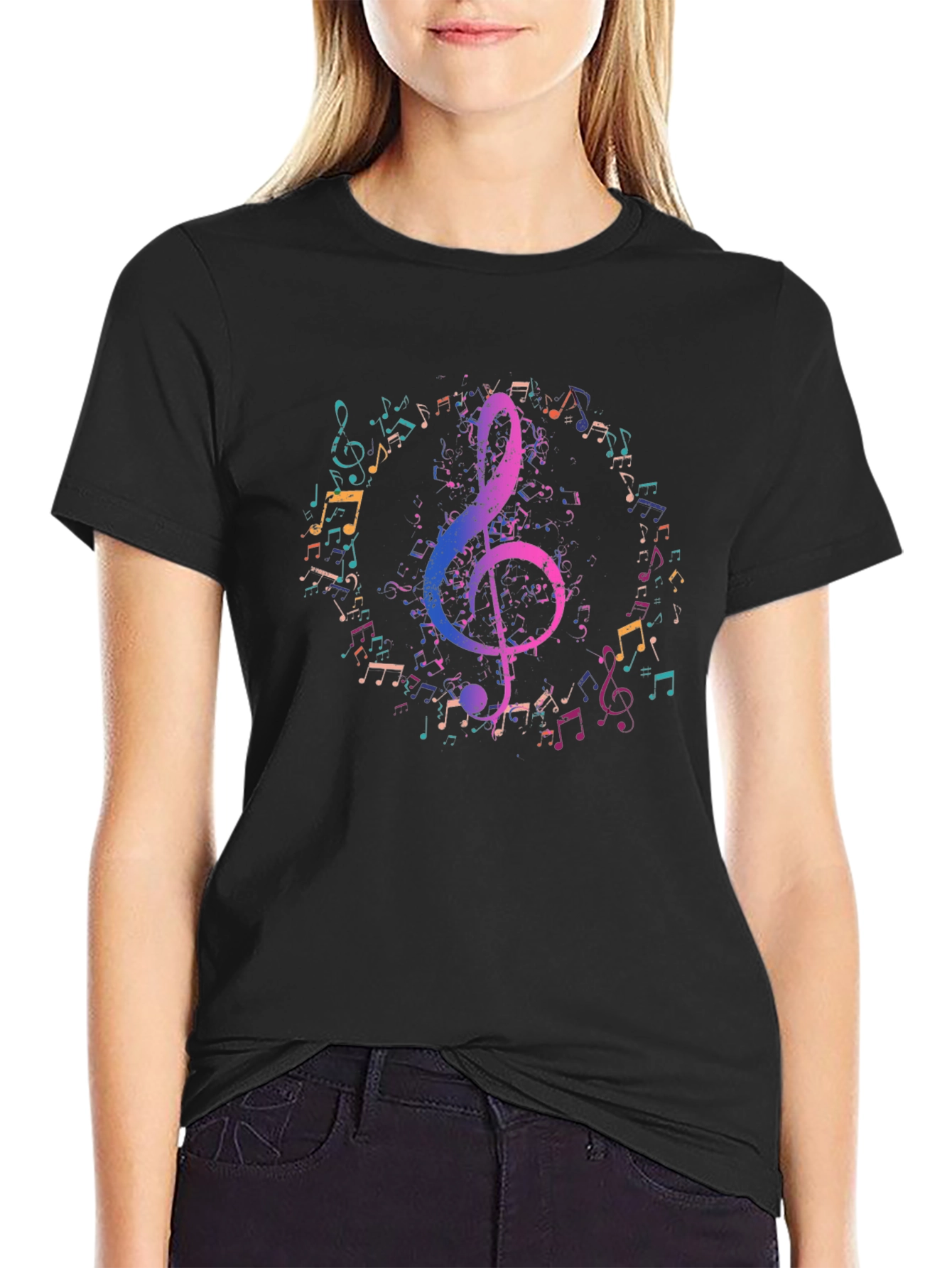 Music Notes Graphic Tee - Black Cotton T-Shirt