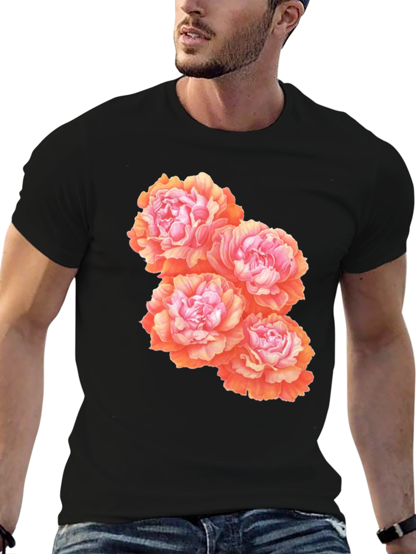 Floral Peony Graphic T-Shirt - Black Cotton Blend