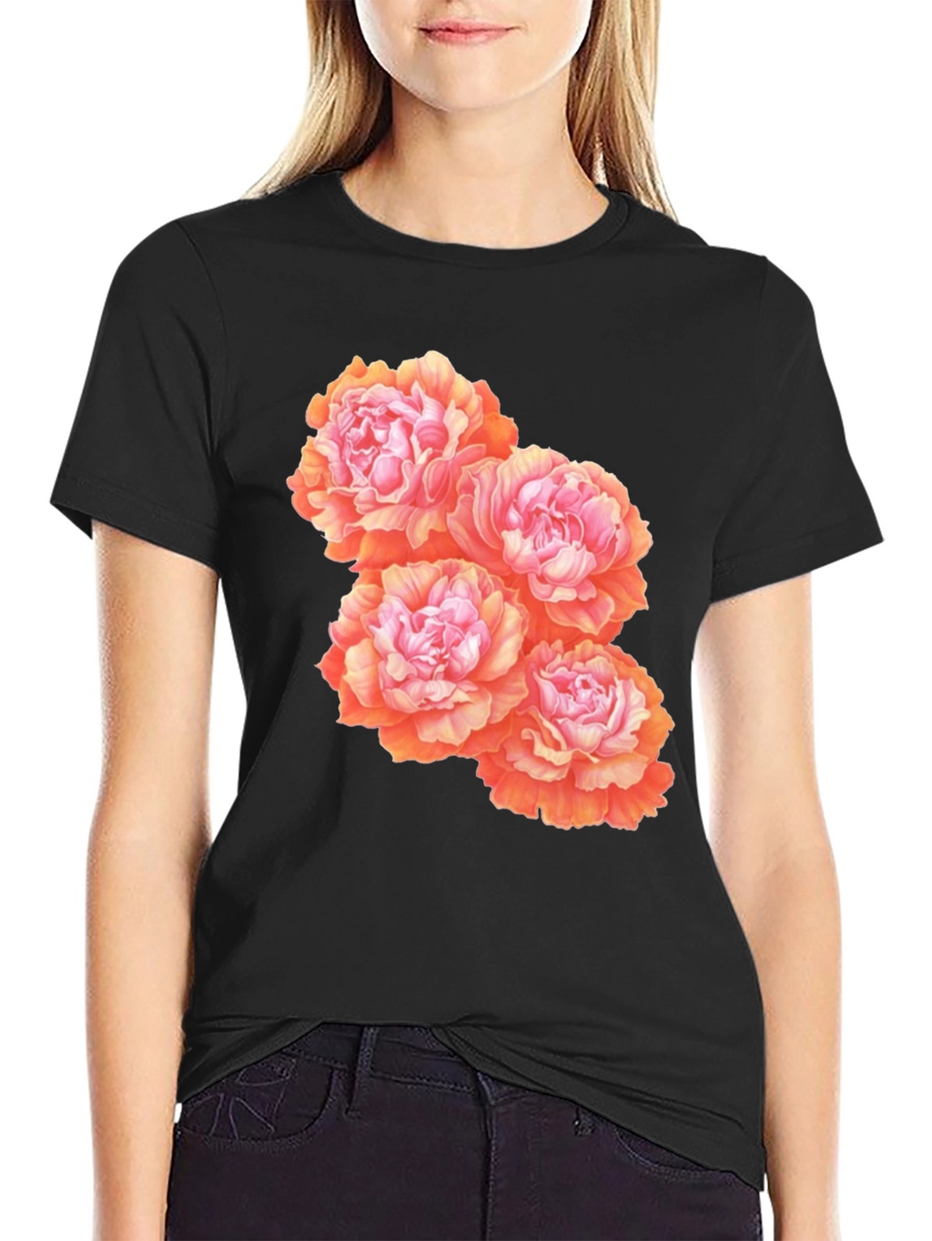 Floral Peony Graphic T-Shirt - Black Cotton Blend