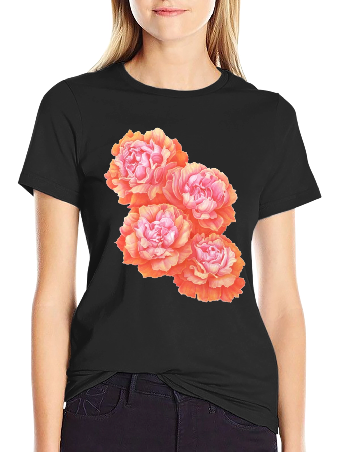 Floral Peony Graphic T-Shirt - Black Cotton Blend