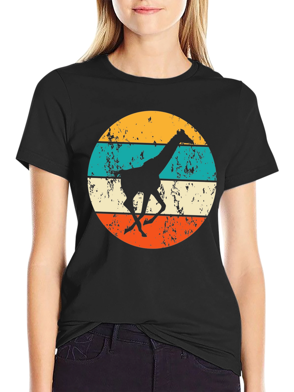 Retro Giraffe T-Shirt - Mens Black Crew Neck