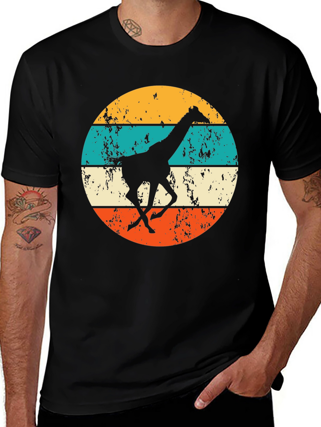 Retro Giraffe T-Shirt - Mens Black Crew Neck