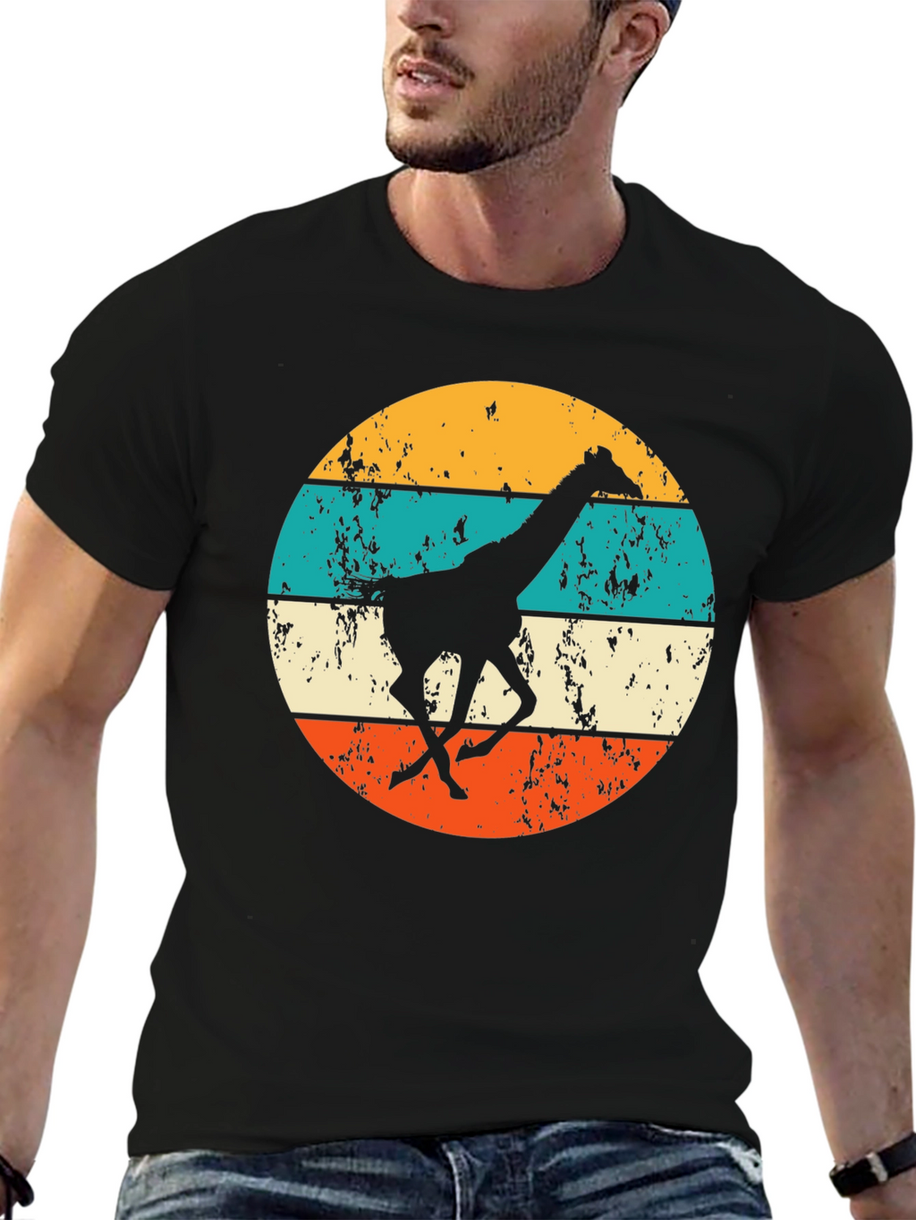 Retro Giraffe T-Shirt - Mens Black Crew Neck