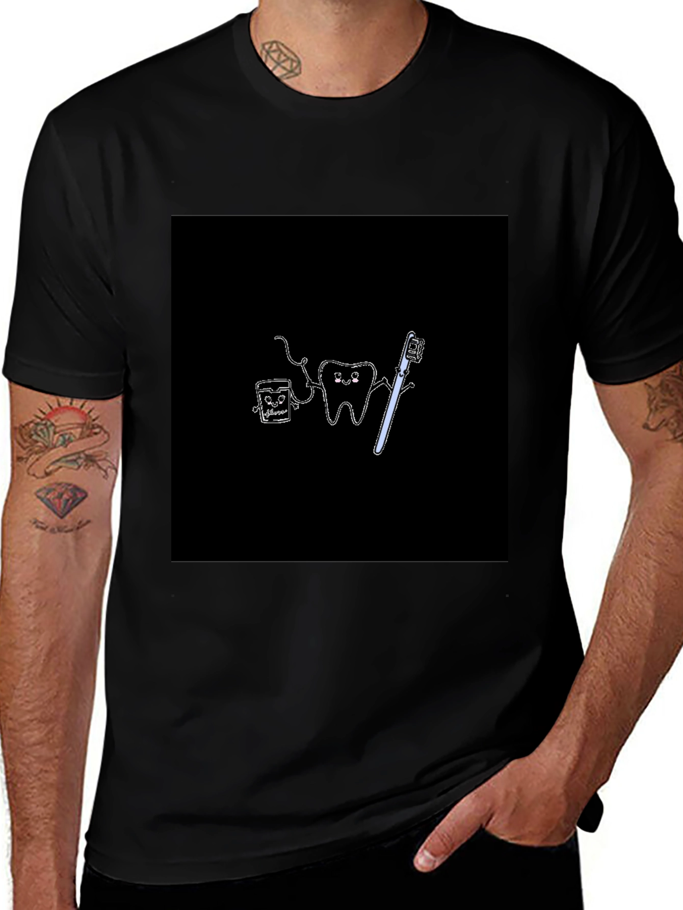 Cute Dental Cartoon Black T-Shirt