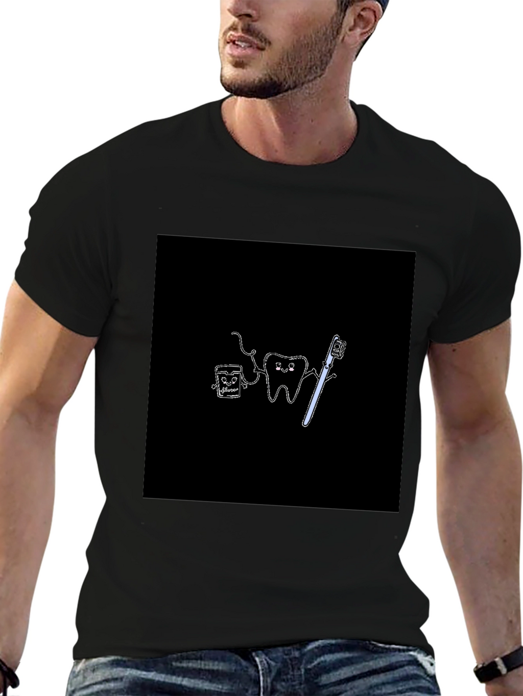 Cute Dental Cartoon Black T-Shirt