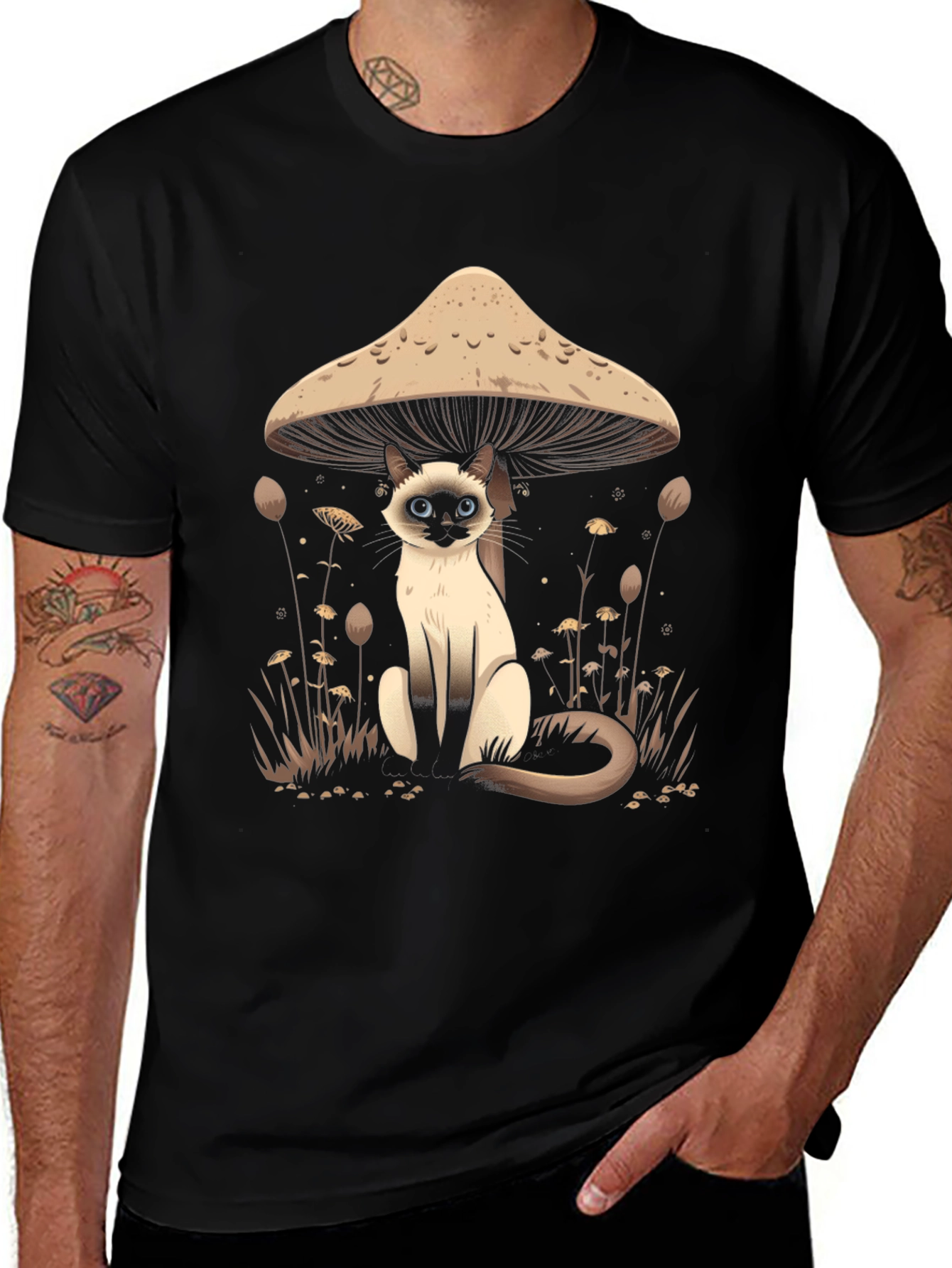 Mushroom Cat Graphic Tee - Black Cotton T-Shirt