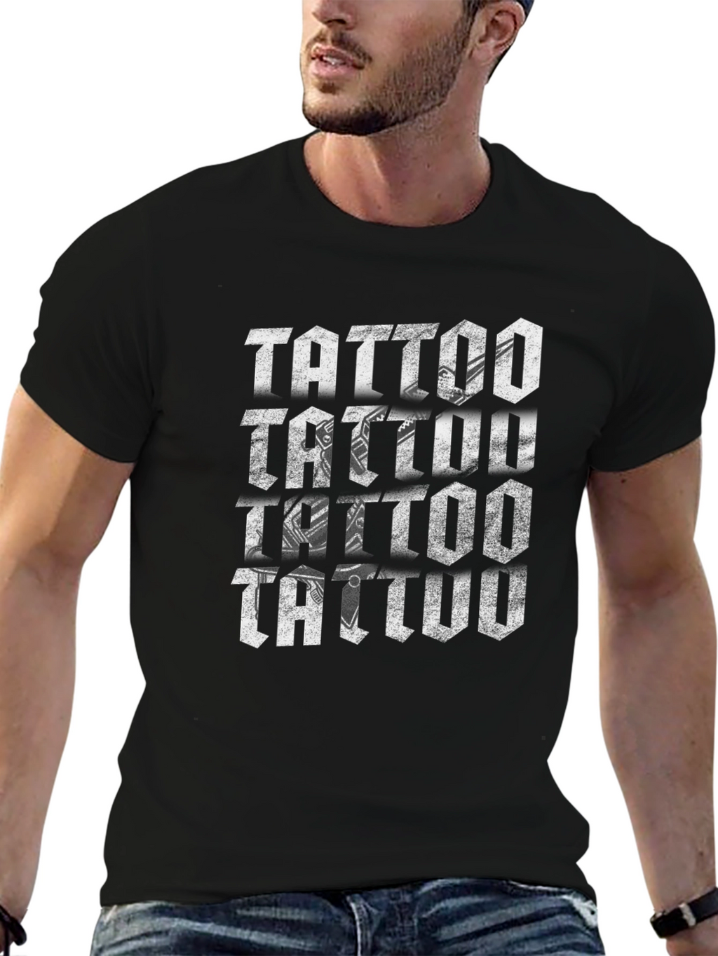 Tattoo Print Black Crew Neck T-Shirt