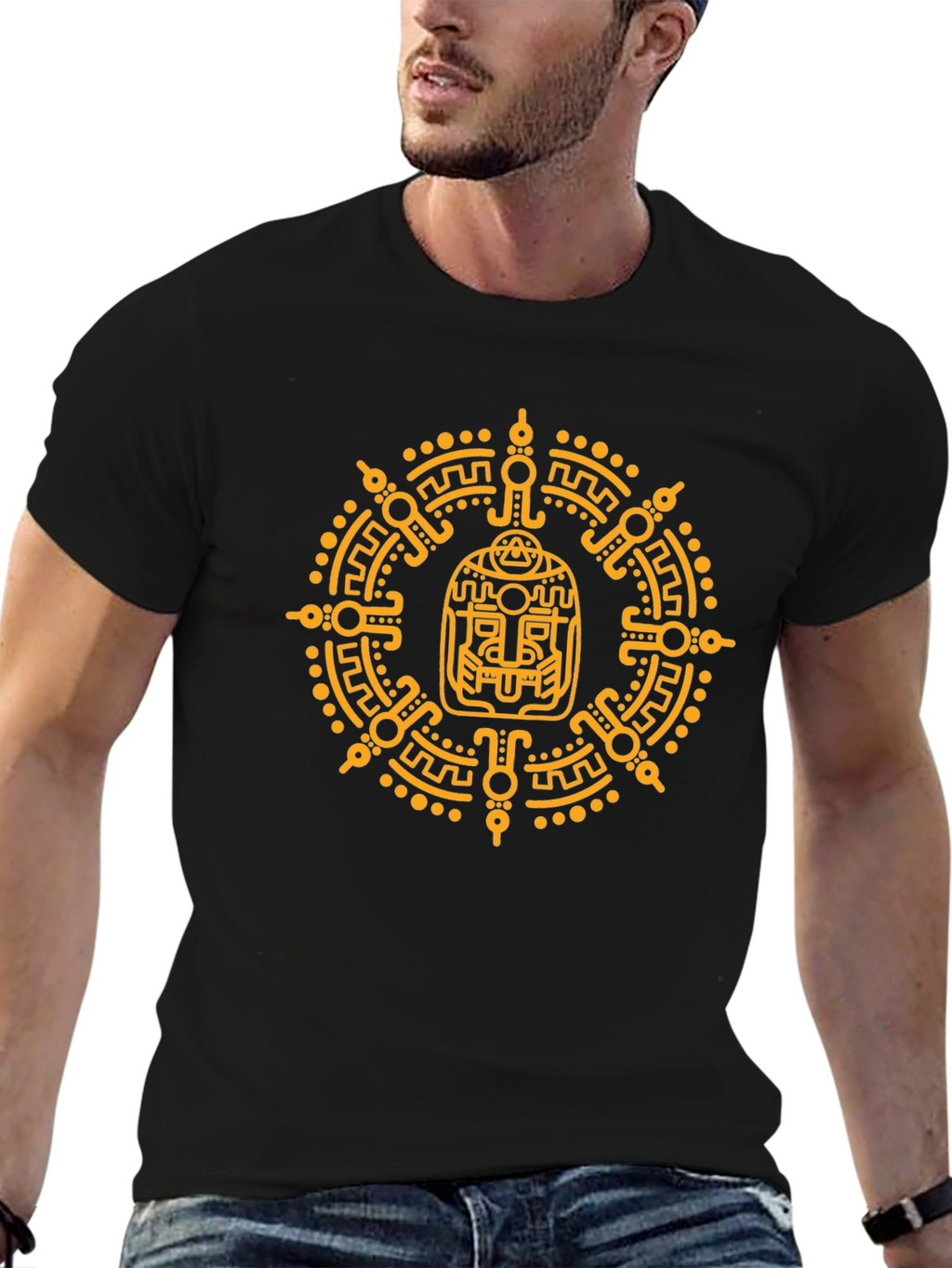 Aztec Glyph Graphic Print T-Shirt - Black