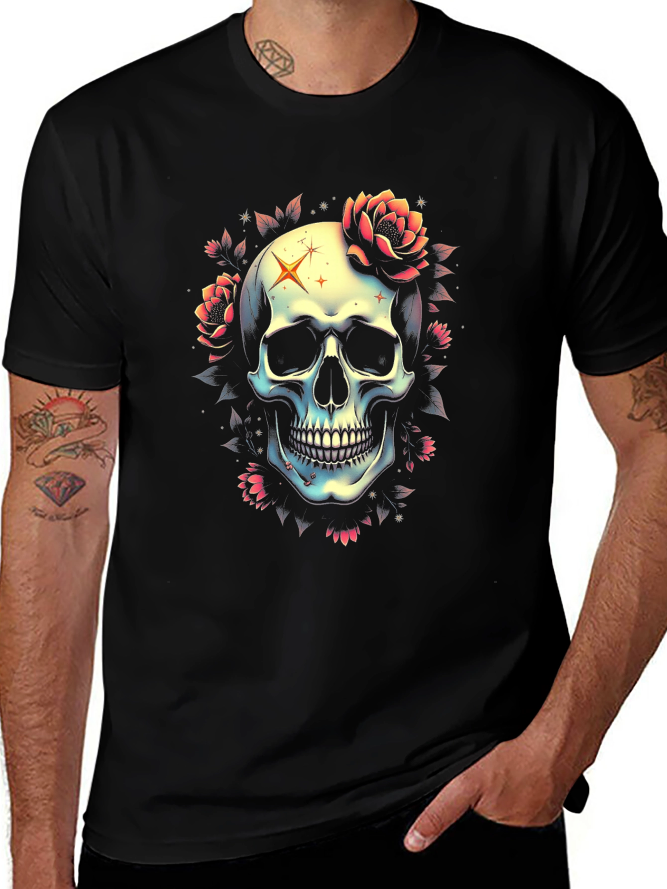 Skull & Roses Graphic Tee - Stylish Mens Black T-Shirt
