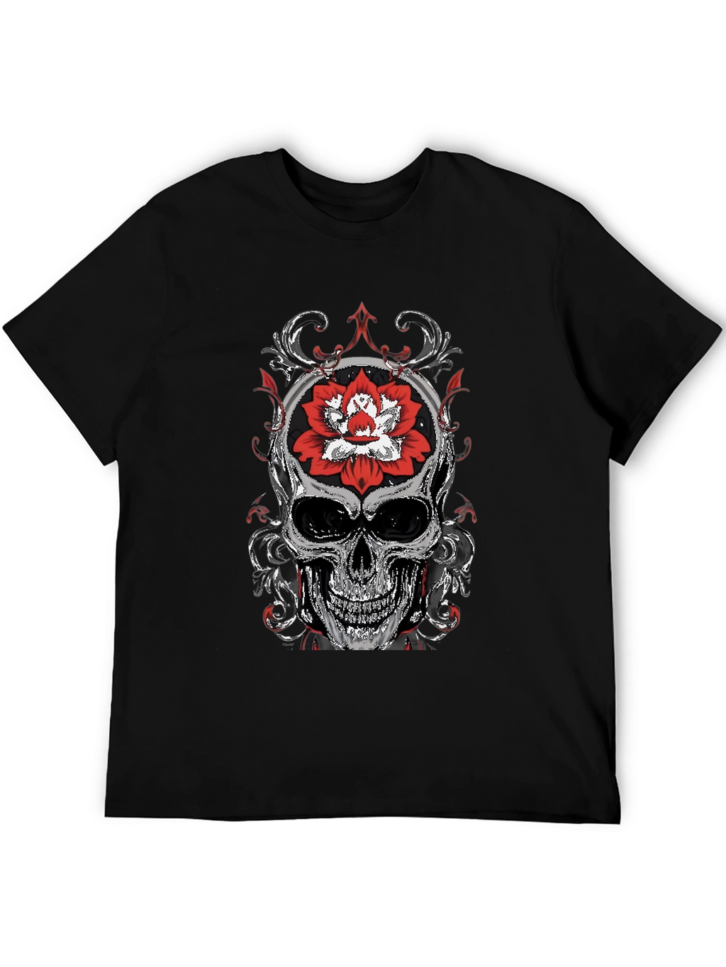 Skull and Lotus Flower Graphic T-Shirt
