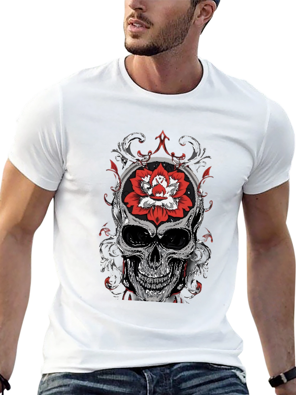 Skull and Lotus Flower Graphic T-Shirt