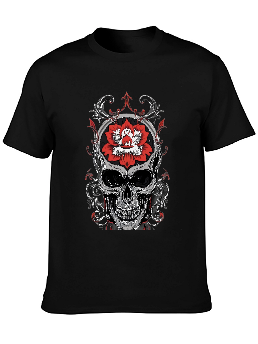 Skull and Lotus Flower Graphic T-Shirt