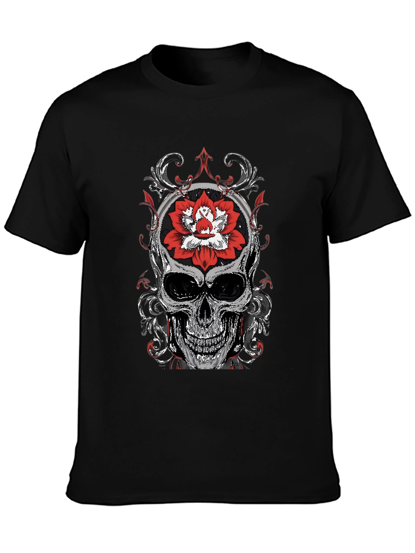 Skull and Lotus Flower Graphic T-Shirt