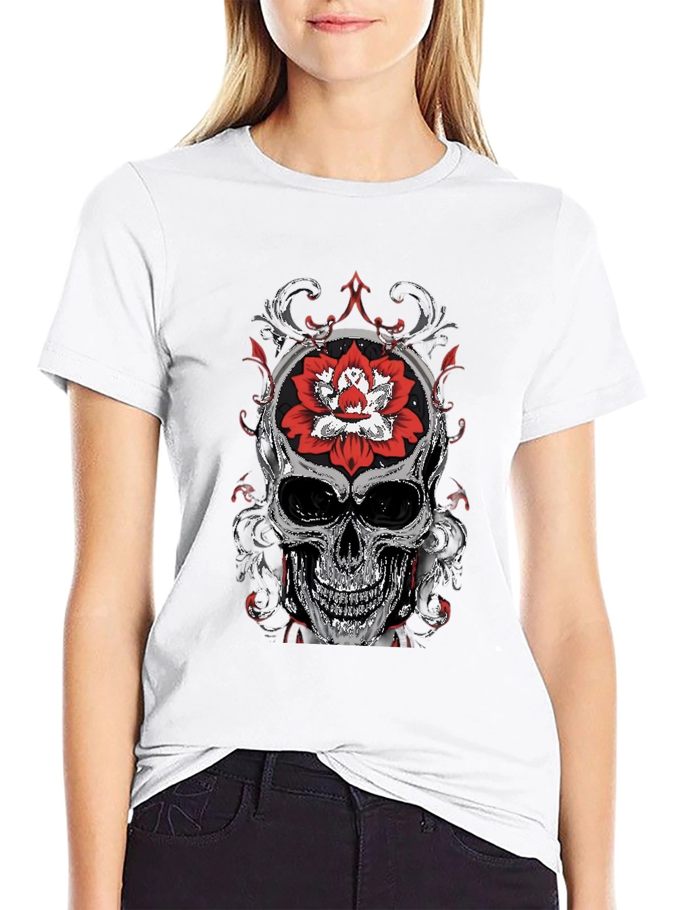 Skull and Lotus Flower Graphic T-Shirt