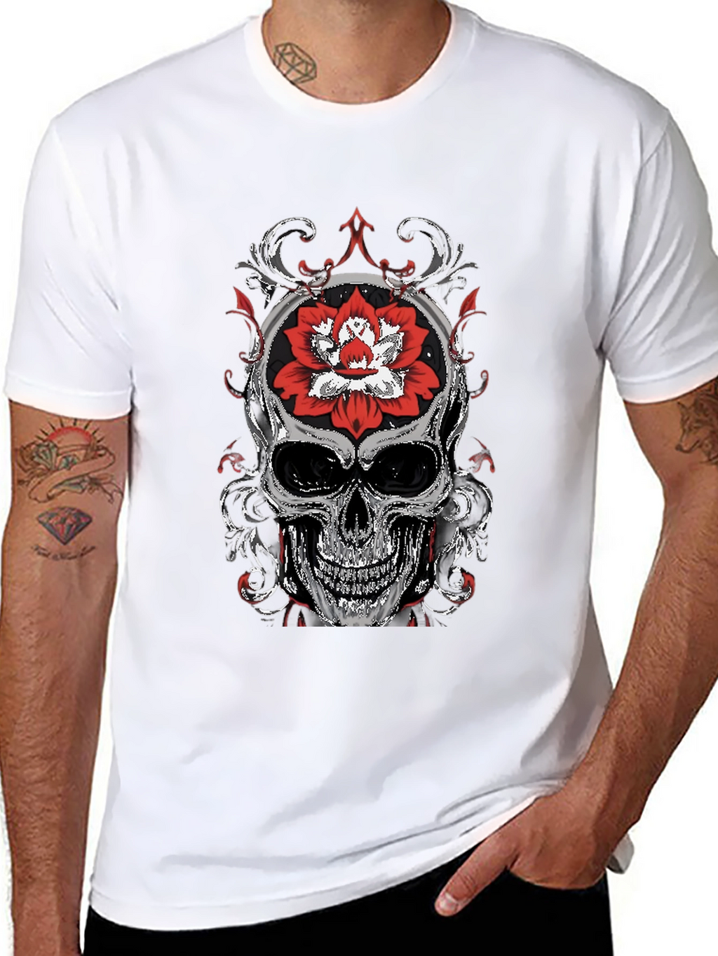 Skull and Lotus Flower Graphic T-Shirt