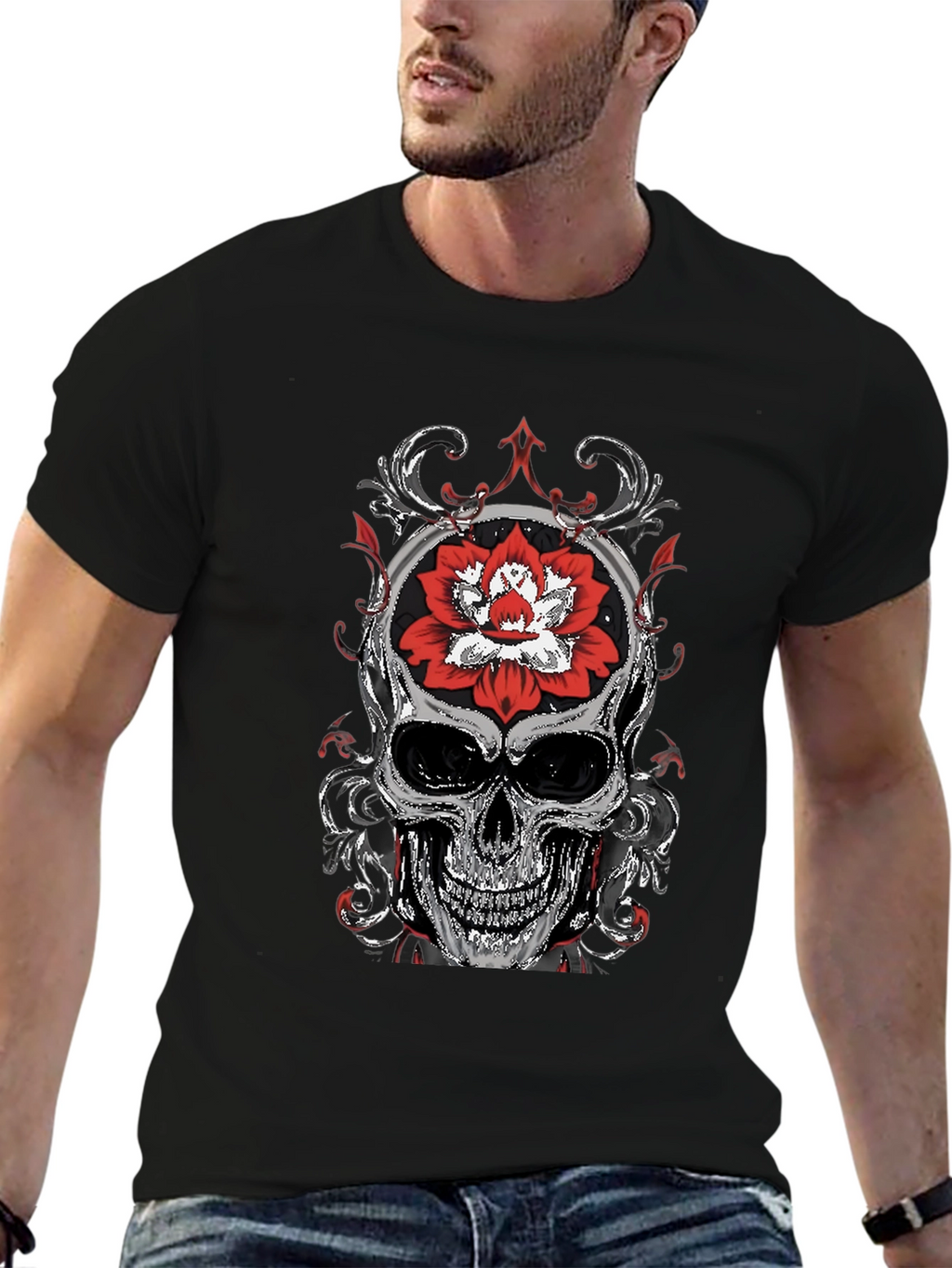 Skull and Lotus Flower Graphic T-Shirt