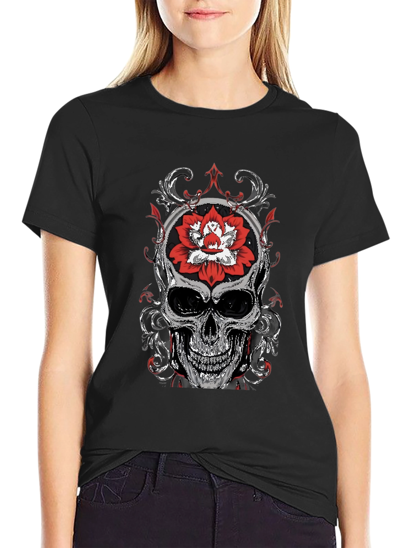 Skull and Lotus Flower Graphic T-Shirt