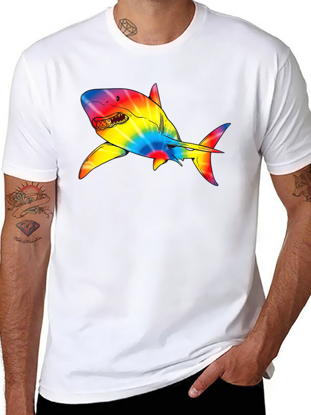 Rainbow Tie-Dye Shark Graphic Black T-Shirt