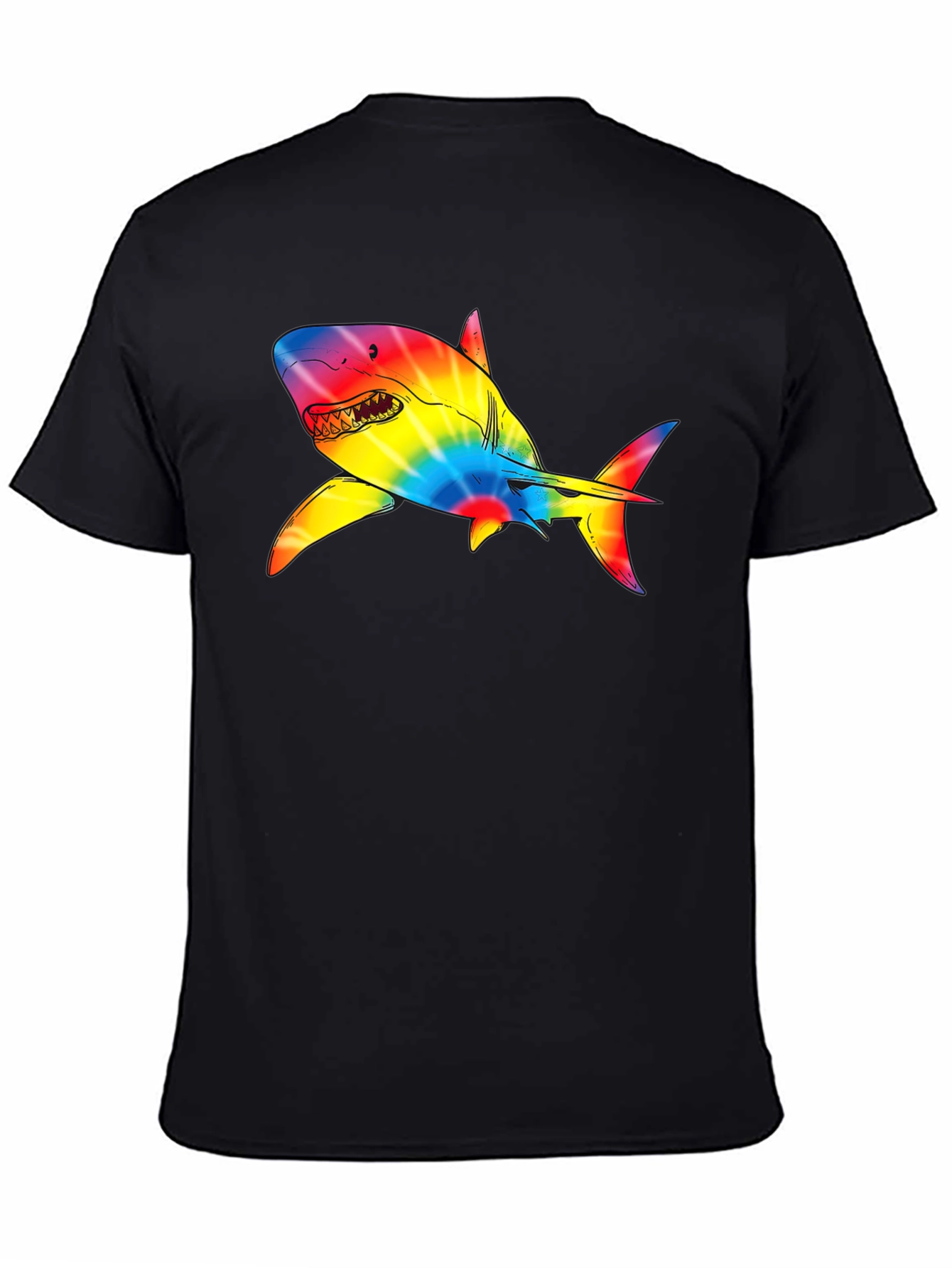 Rainbow Tie-Dye Shark Graphic Black T-Shirt