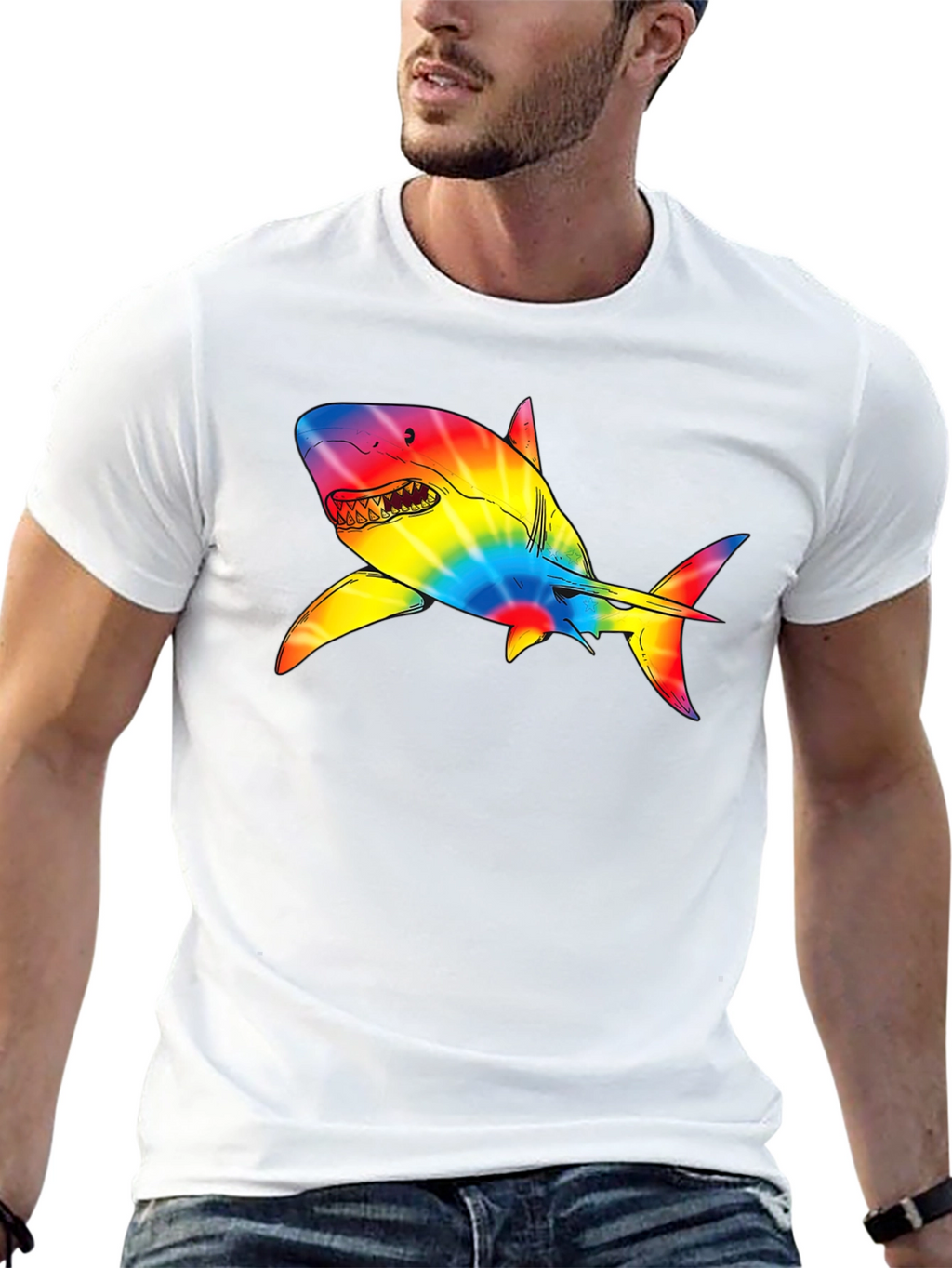 Rainbow Tie-Dye Shark Graphic Black T-Shirt