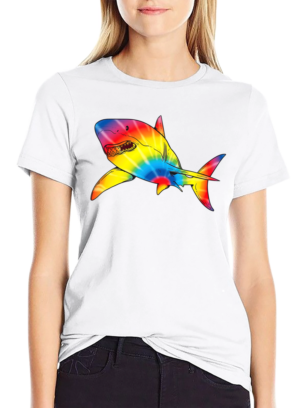 Rainbow Tie-Dye Shark Graphic Black T-Shirt