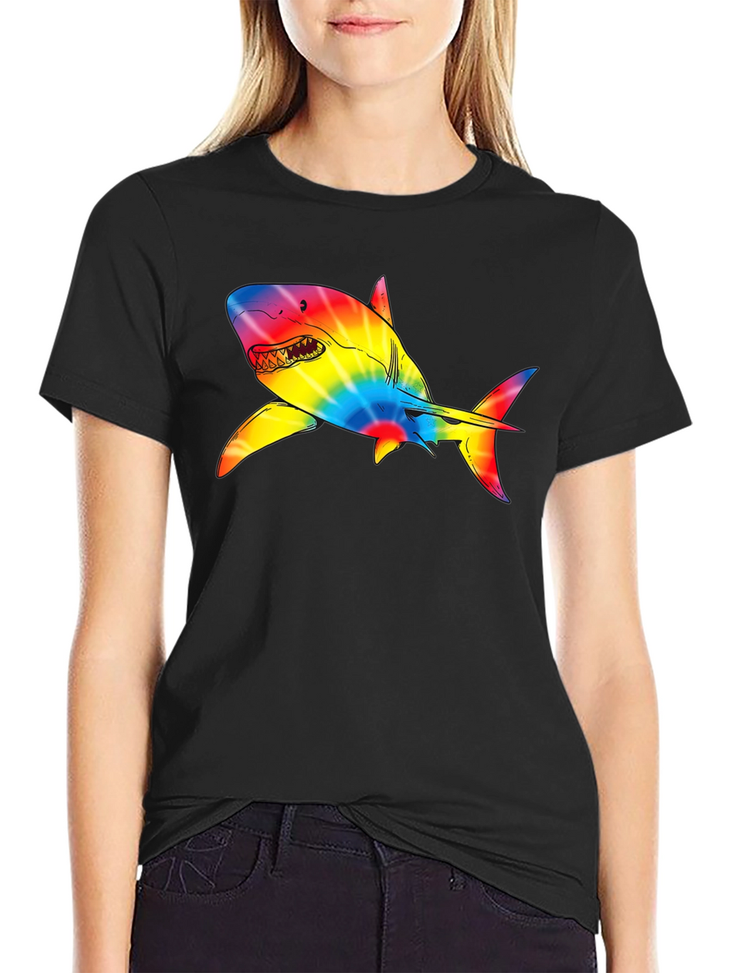 Rainbow Tie-Dye Shark Graphic Black T-Shirt