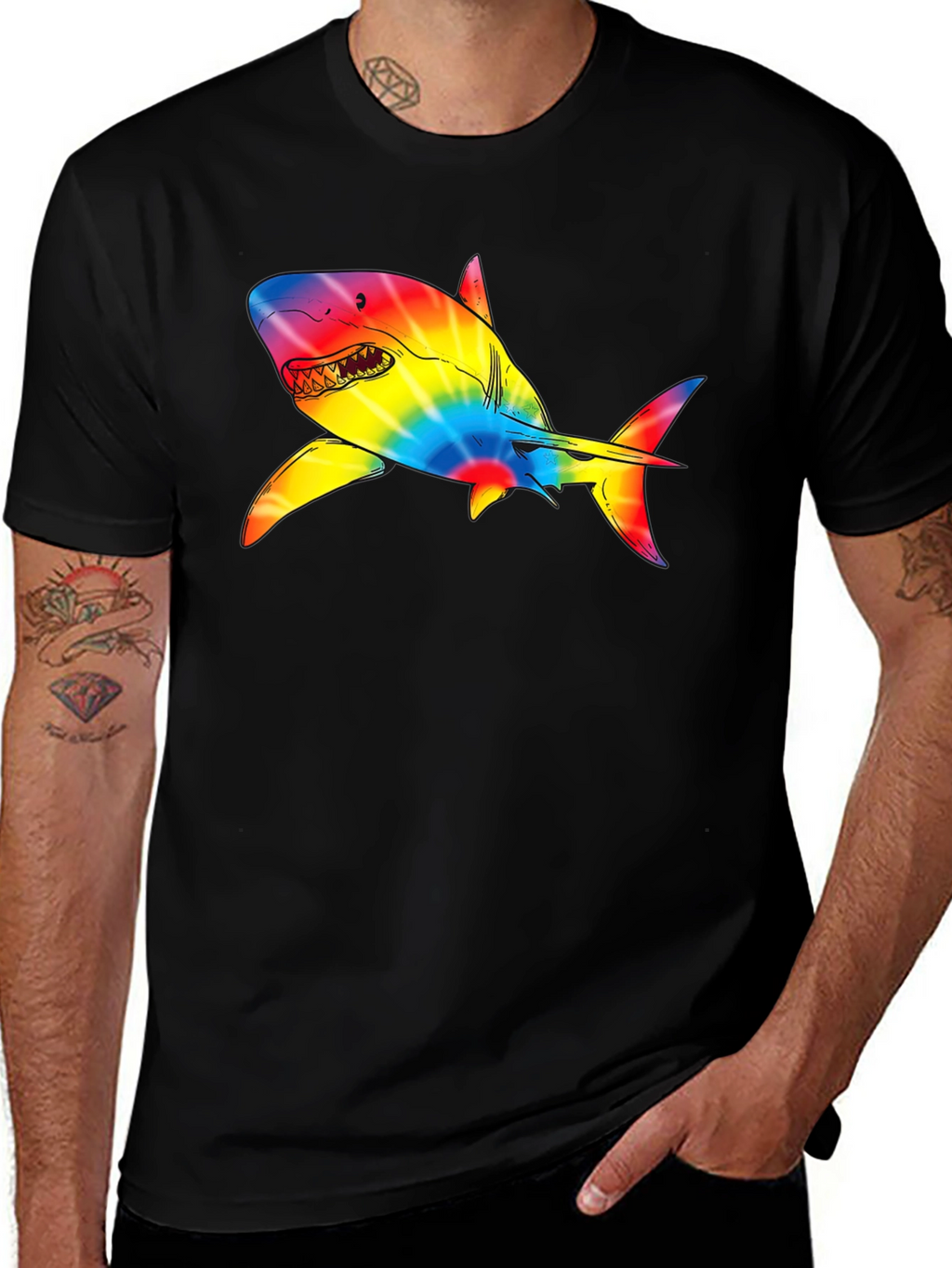 Rainbow Tie-Dye Shark Graphic Black T-Shirt