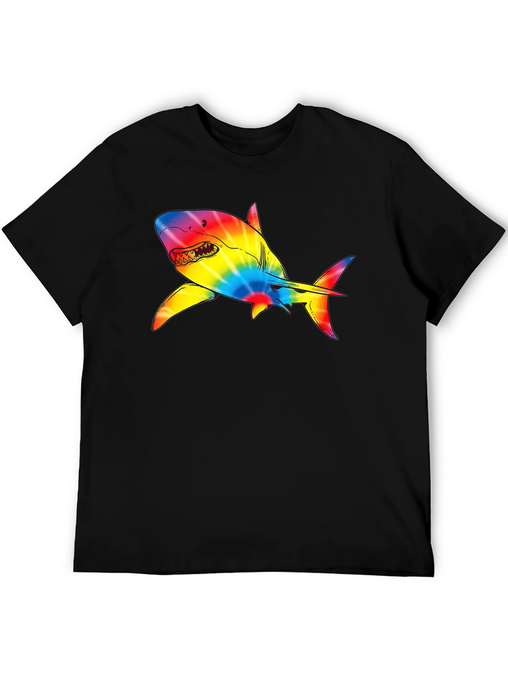 Rainbow Tie-Dye Shark Graphic Black T-Shirt