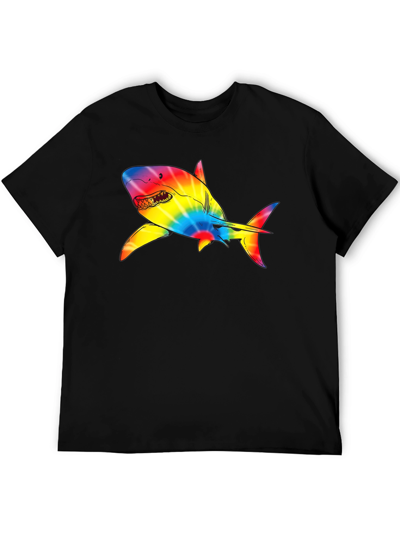 Rainbow Tie-Dye Shark Graphic Black T-Shirt