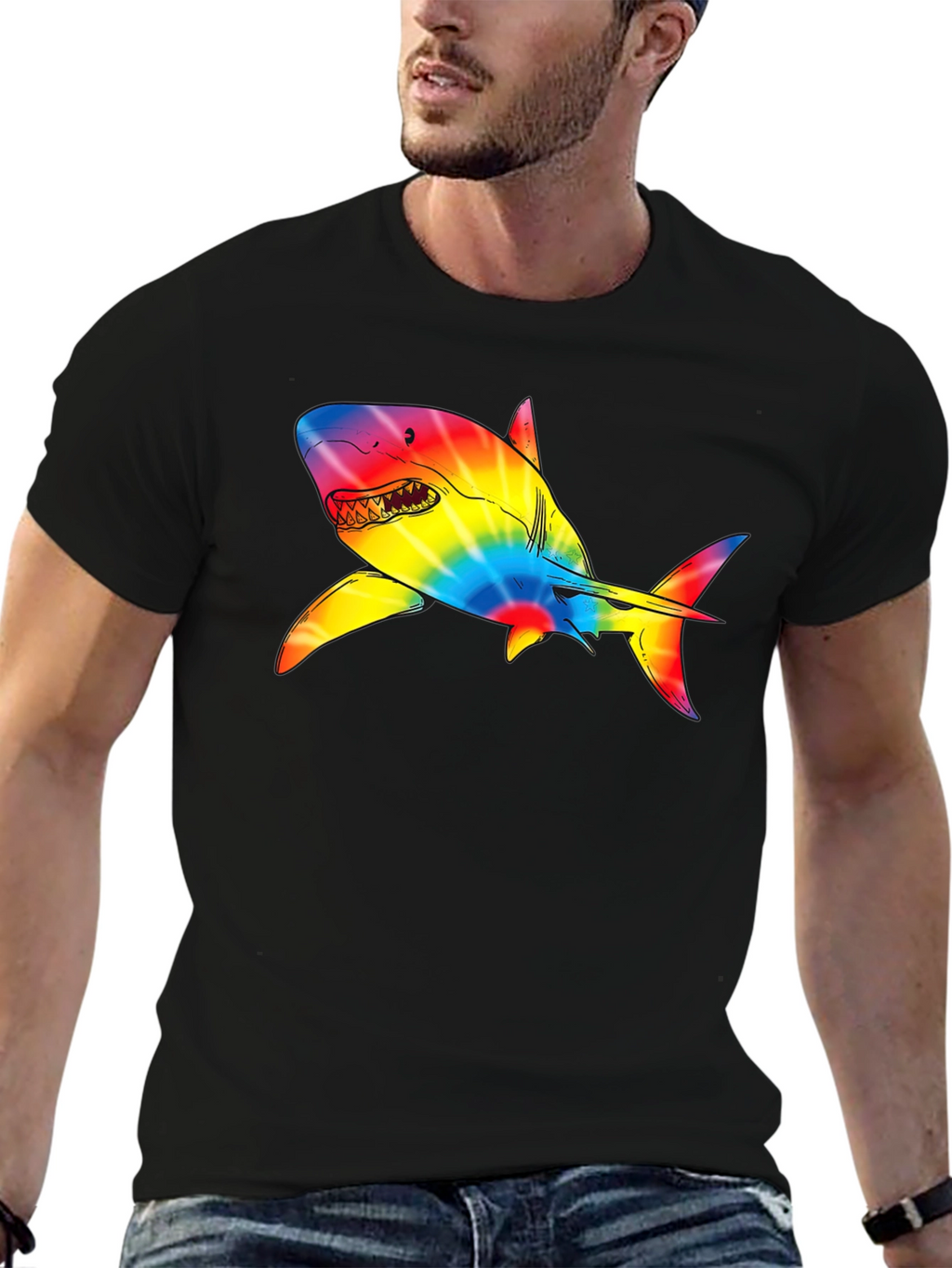 Rainbow Tie-Dye Shark Graphic Black T-Shirt