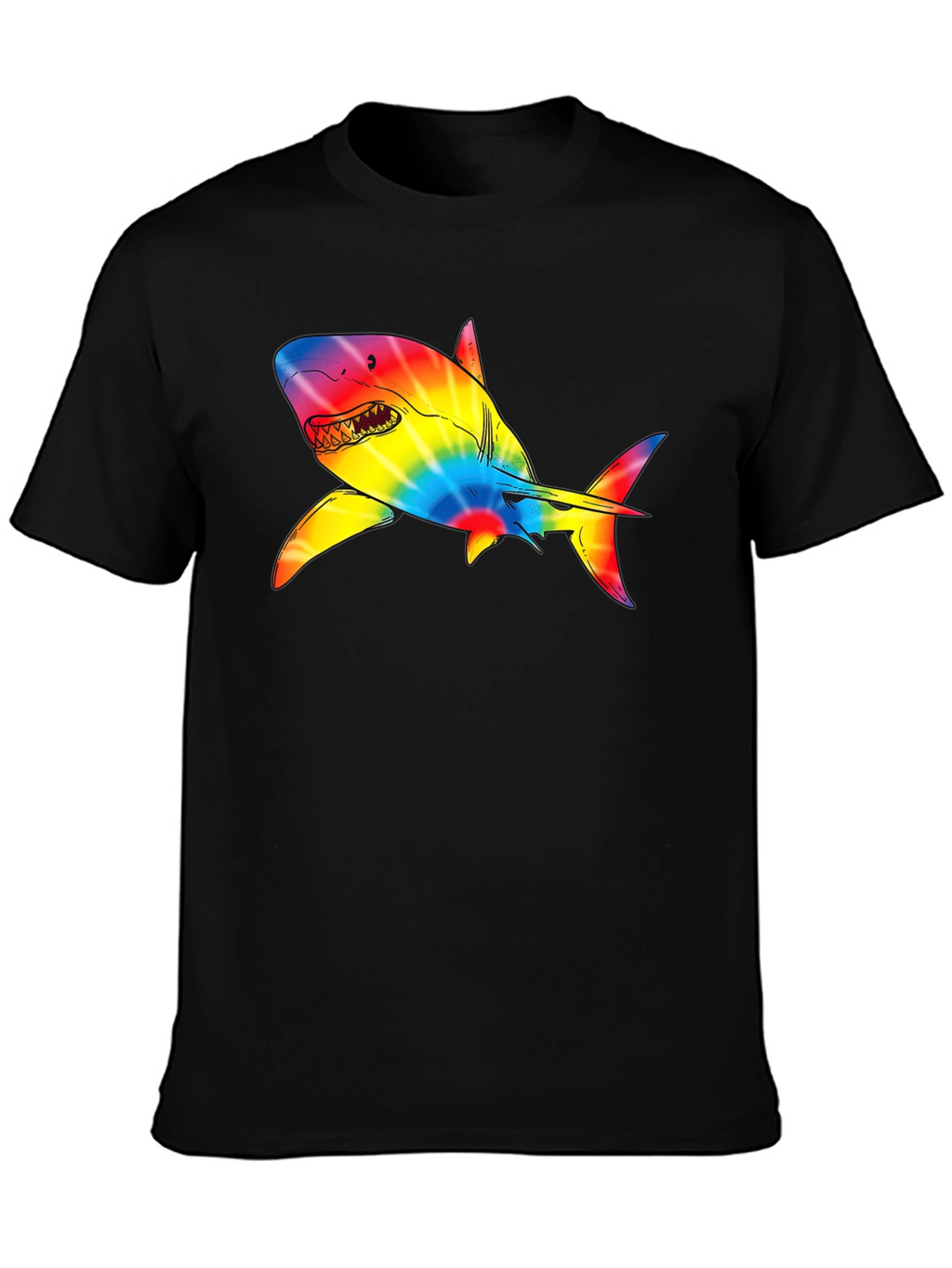 Rainbow Tie-Dye Shark Graphic Black T-Shirt