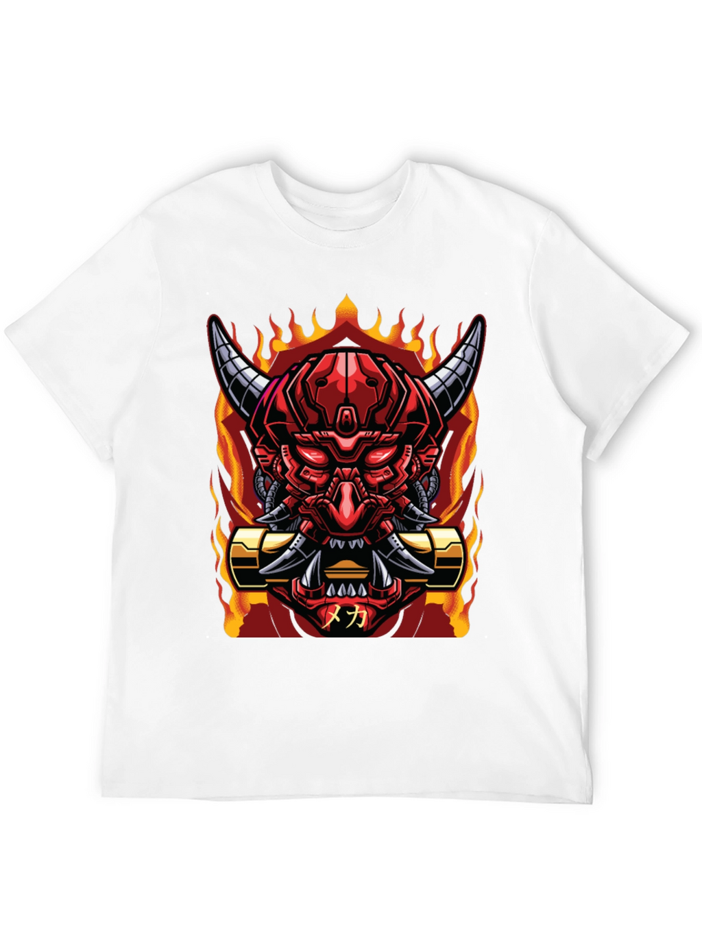 Cyberpunk Oni Demon T-Shirt - Fiery Mech Style