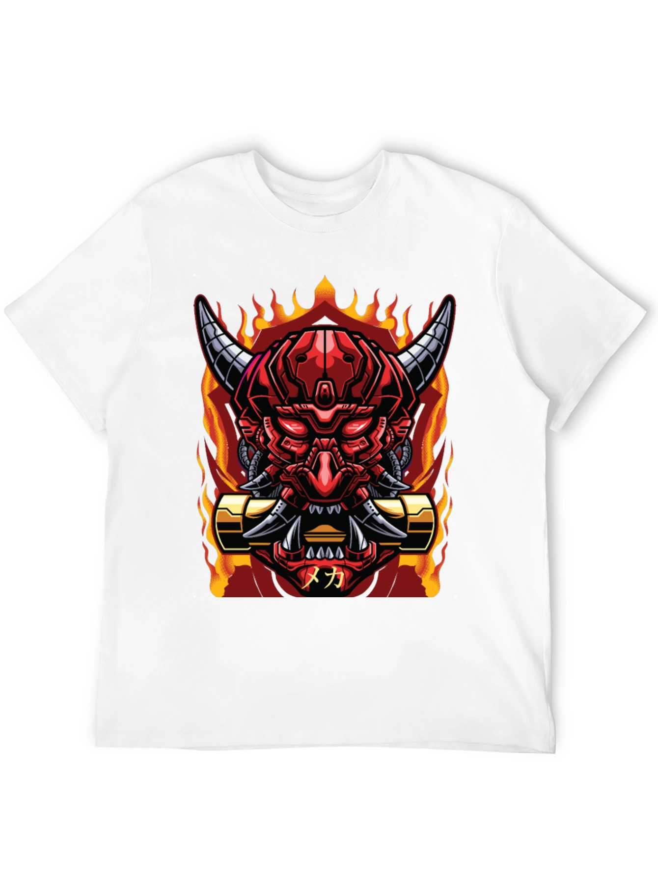 Cyberpunk Oni Demon T-Shirt - Fiery Mech Style
