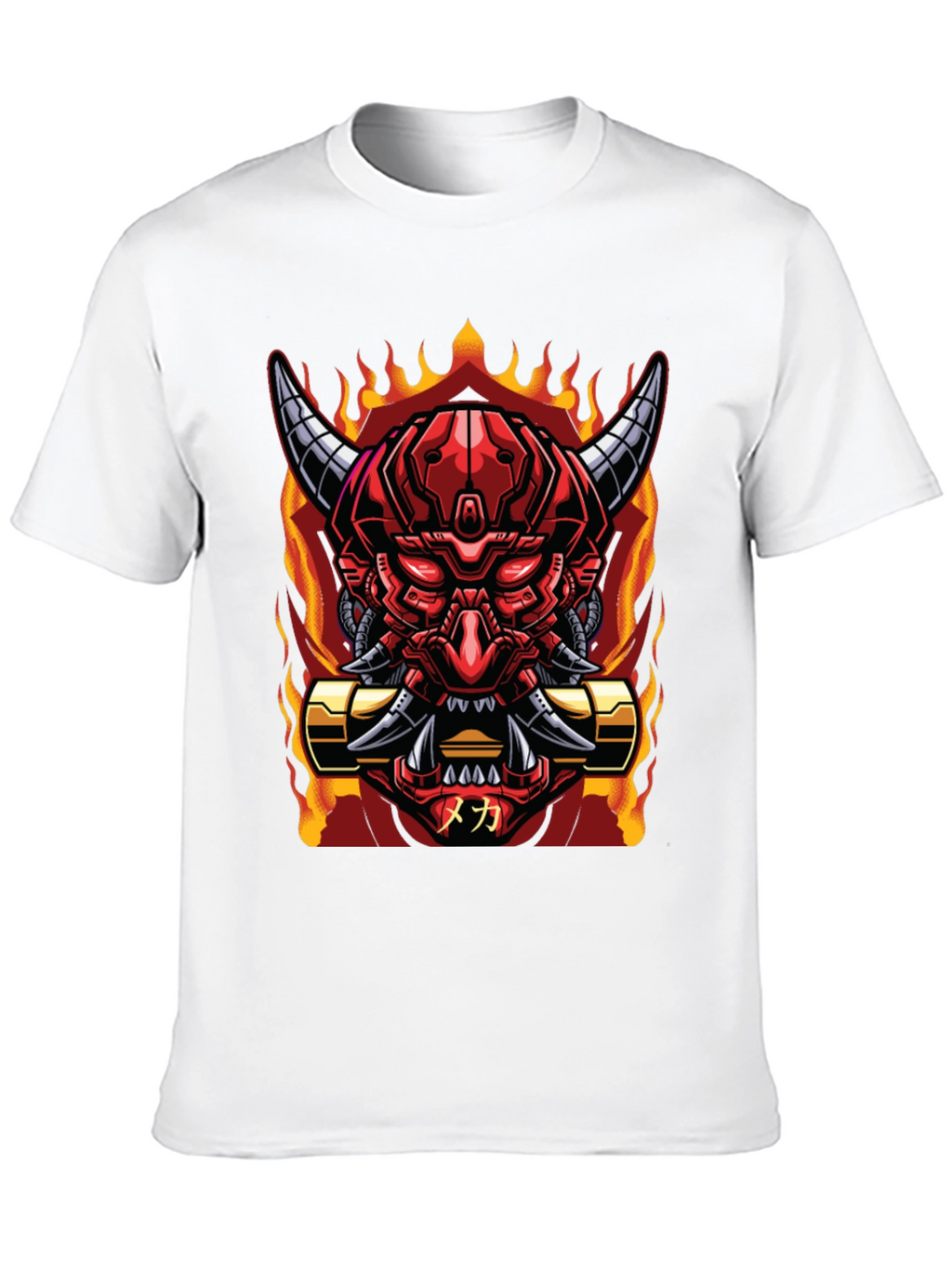 Cyberpunk Oni Demon T-Shirt - Fiery Mech Style
