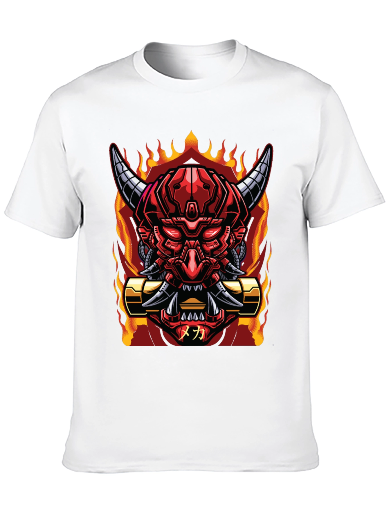 Cyberpunk Oni Demon T-Shirt - Fiery Mech Style