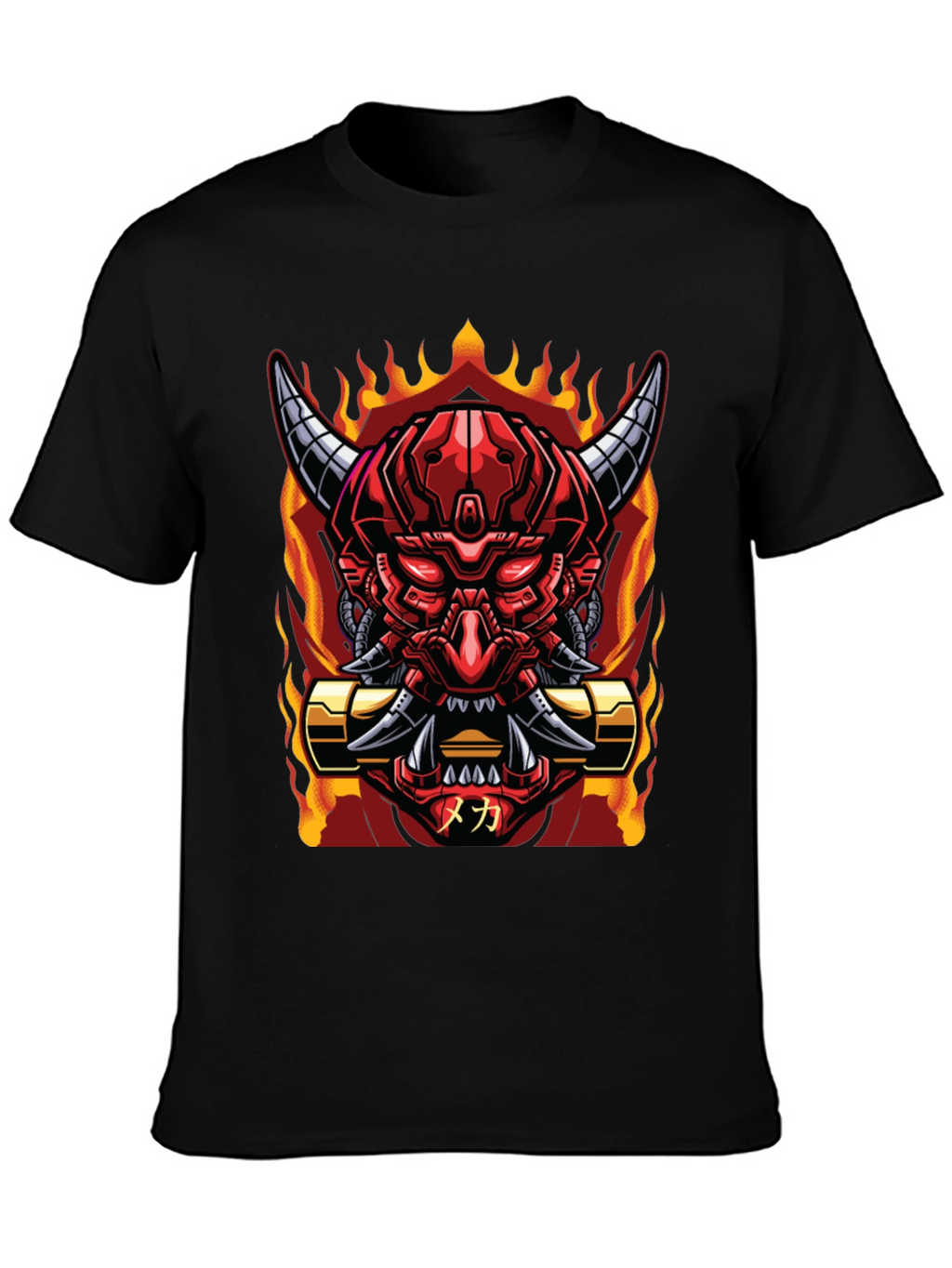 Cyberpunk Oni Demon T-Shirt - Fiery Mech Style