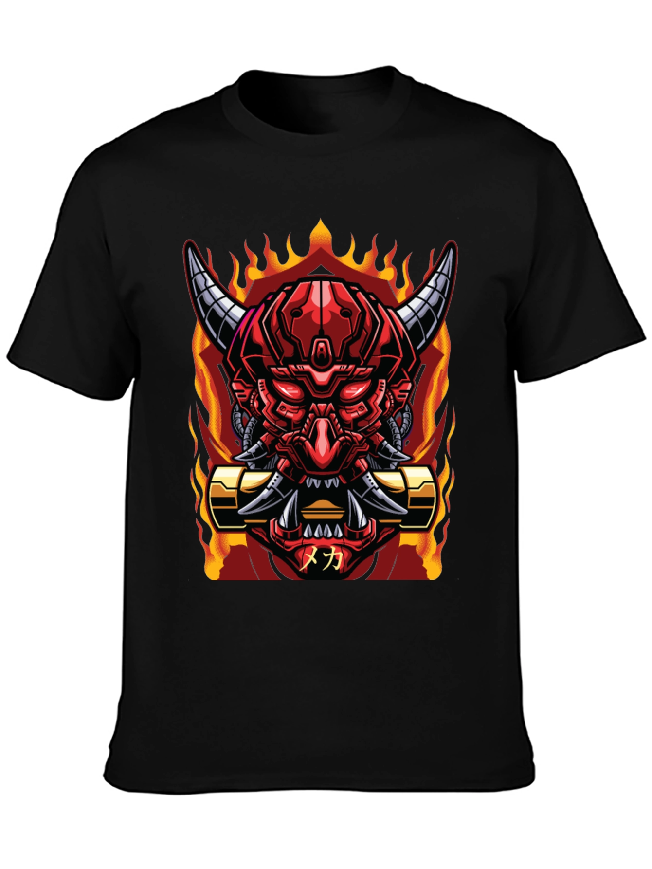 Cyberpunk Oni Demon T-Shirt - Fiery Mech Style