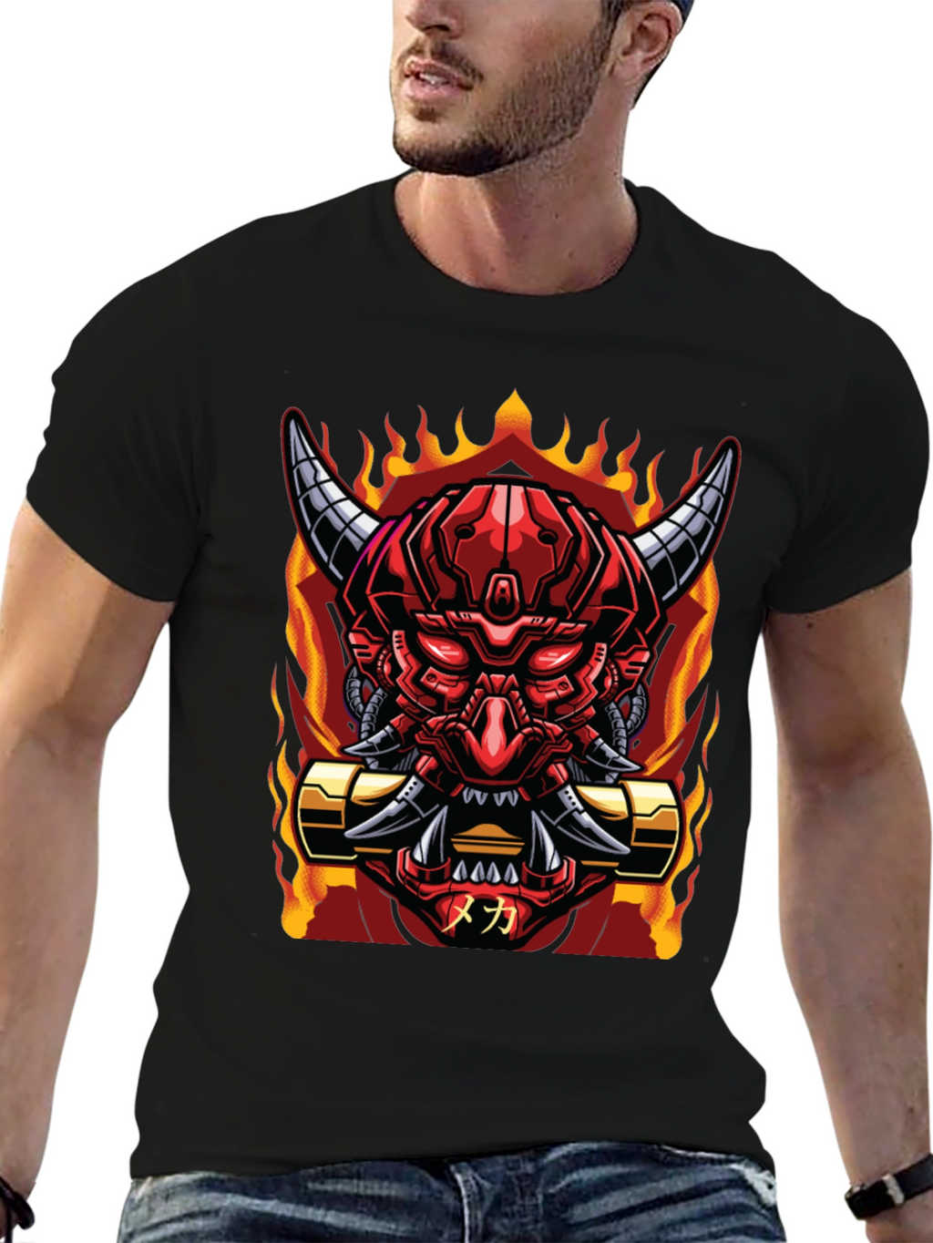 Cyberpunk Oni Demon T-Shirt - Fiery Mech Style