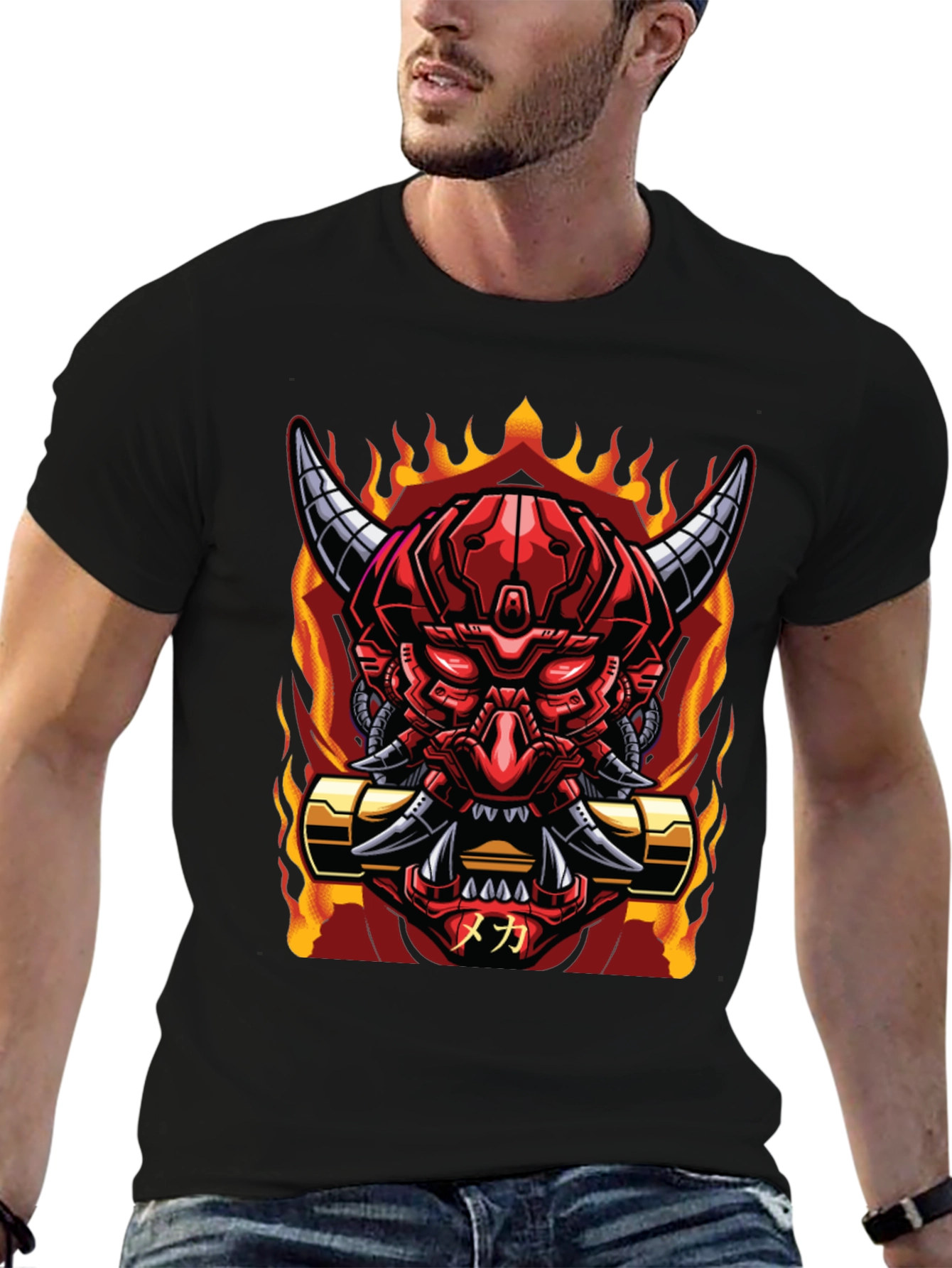 Cyberpunk Oni Demon T-Shirt - Fiery Mech Style