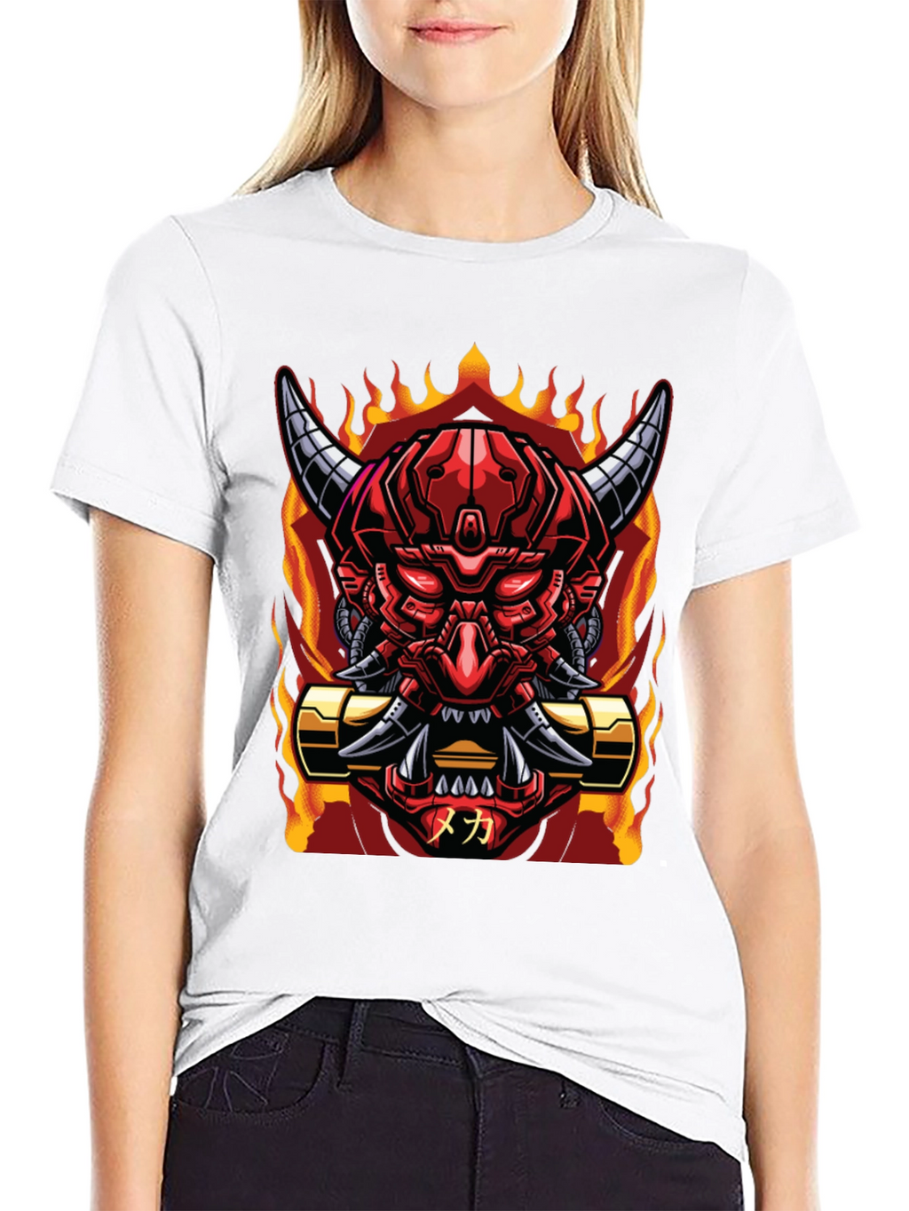 Cyberpunk Oni Demon T-Shirt - Fiery Mech Style
