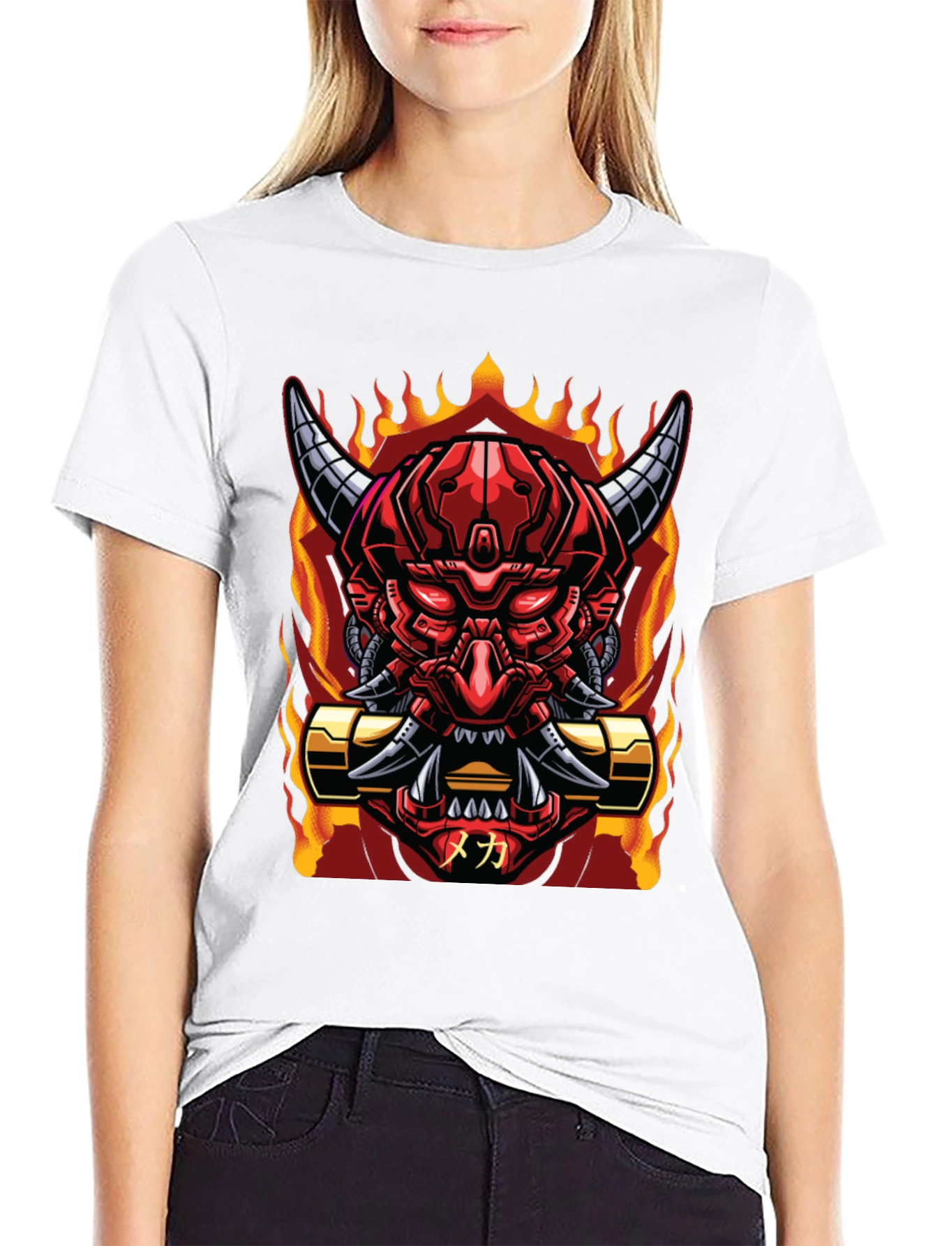 Cyberpunk Oni Demon T-Shirt - Fiery Mech Style