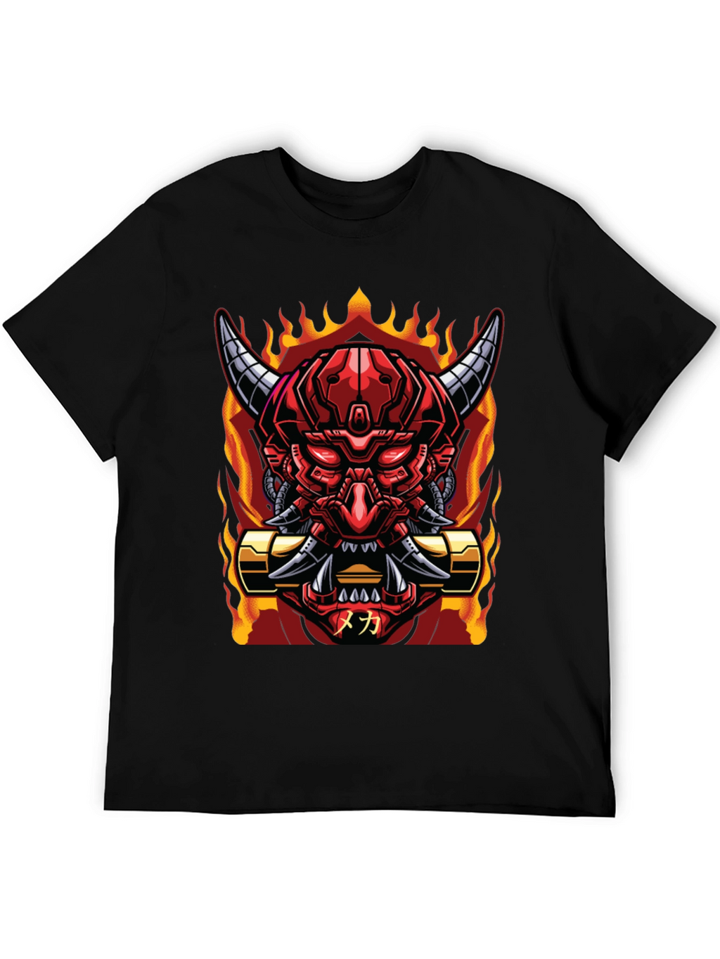 Cyberpunk Oni Demon T-Shirt - Fiery Mech Style