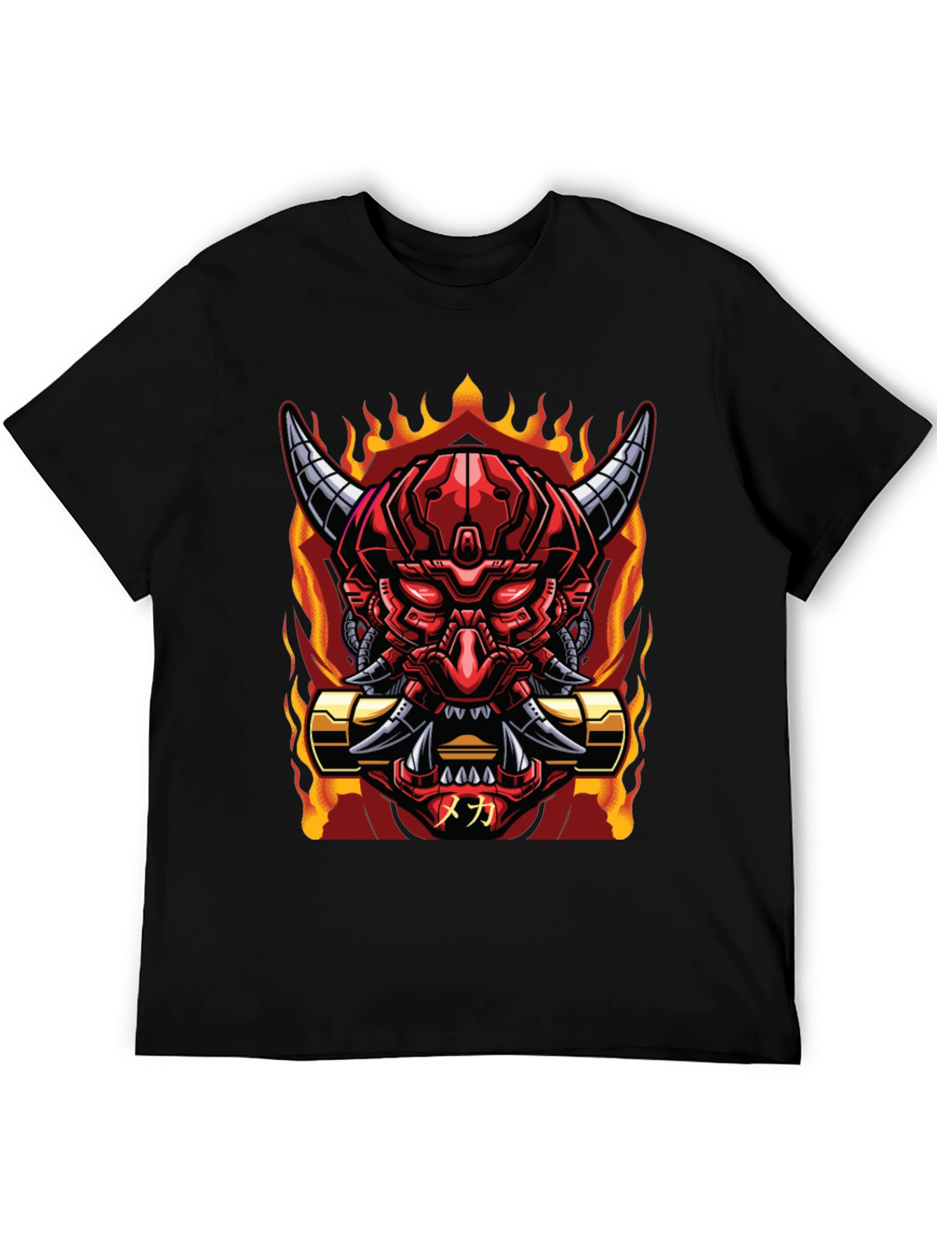 Cyberpunk Oni Demon T-Shirt - Fiery Mech Style