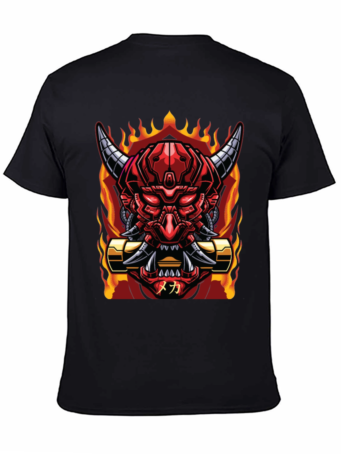 Cyberpunk Oni Demon T-Shirt - Fiery Mech Style