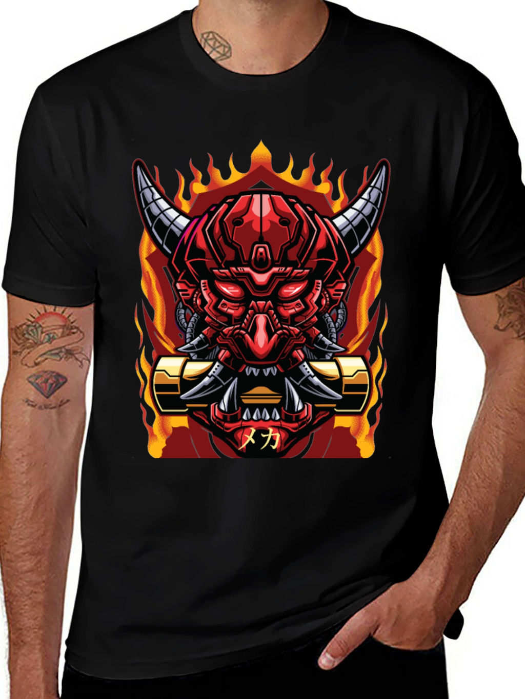 Cyberpunk Oni Demon T-Shirt - Fiery Mech Style