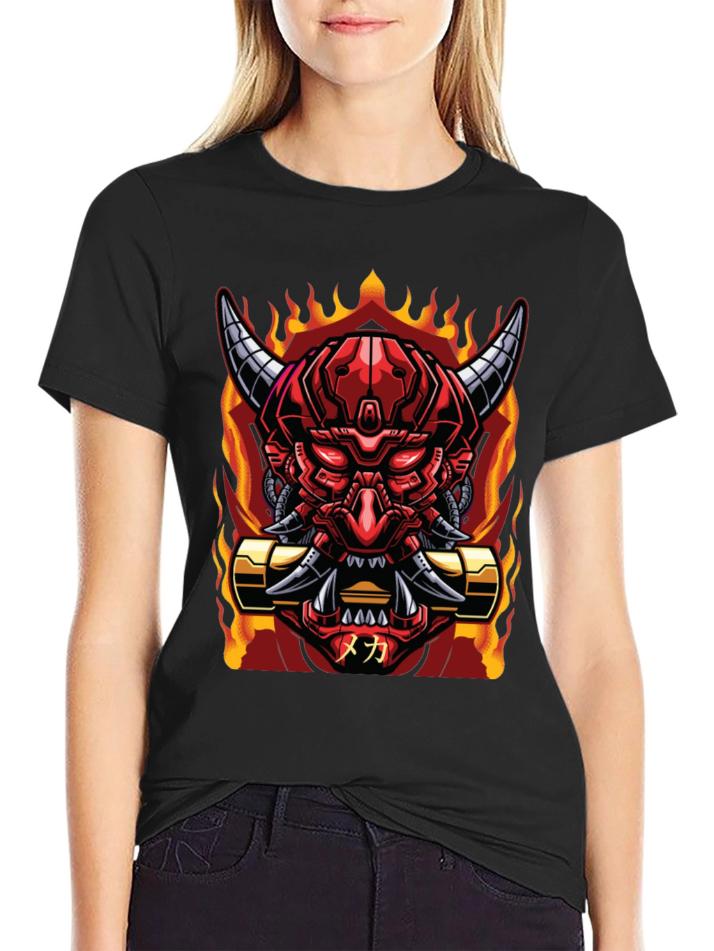 Cyberpunk Oni Demon T-Shirt - Fiery Mech Style