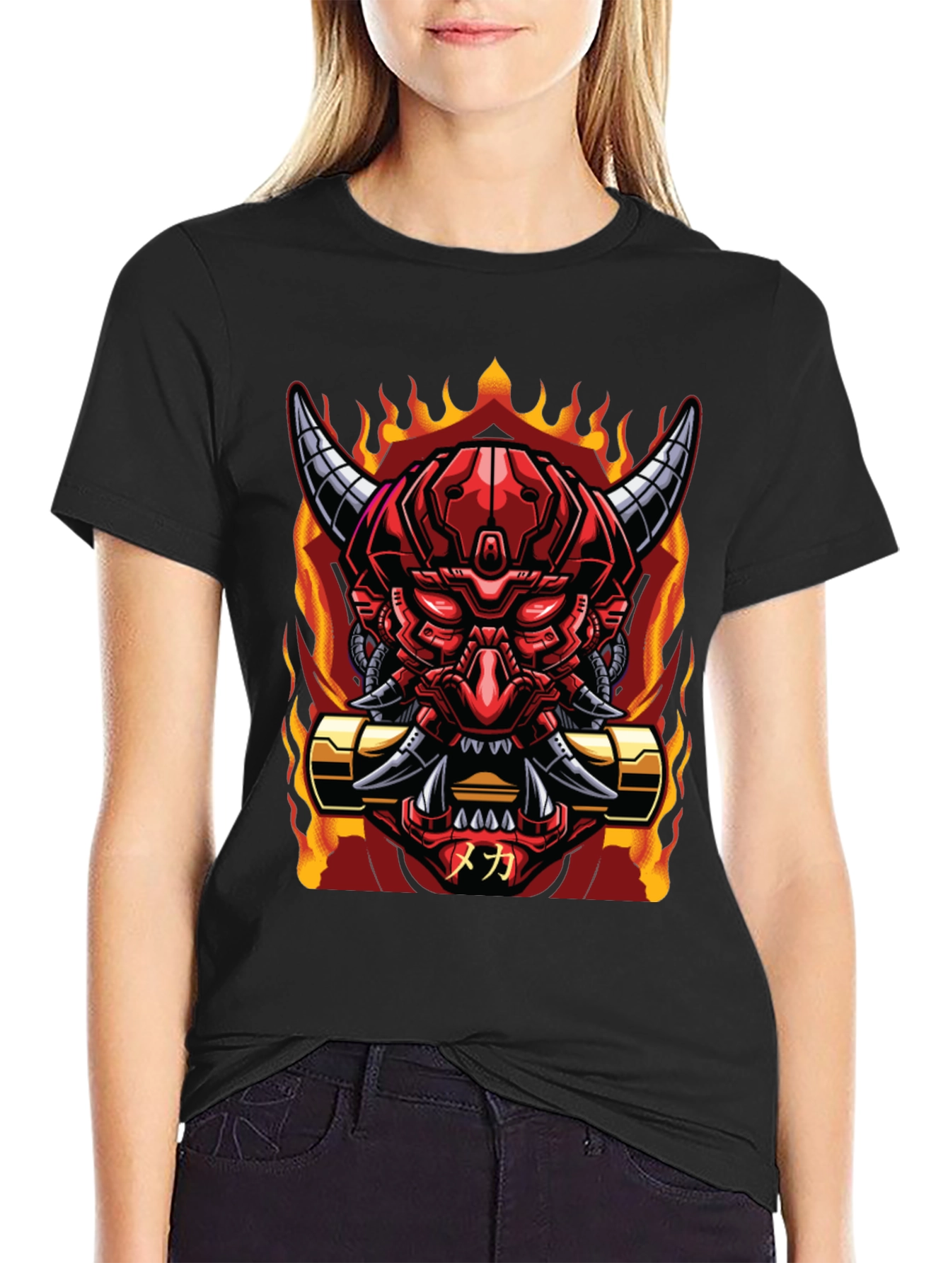 Cyberpunk Oni Demon T-Shirt - Fiery Mech Style